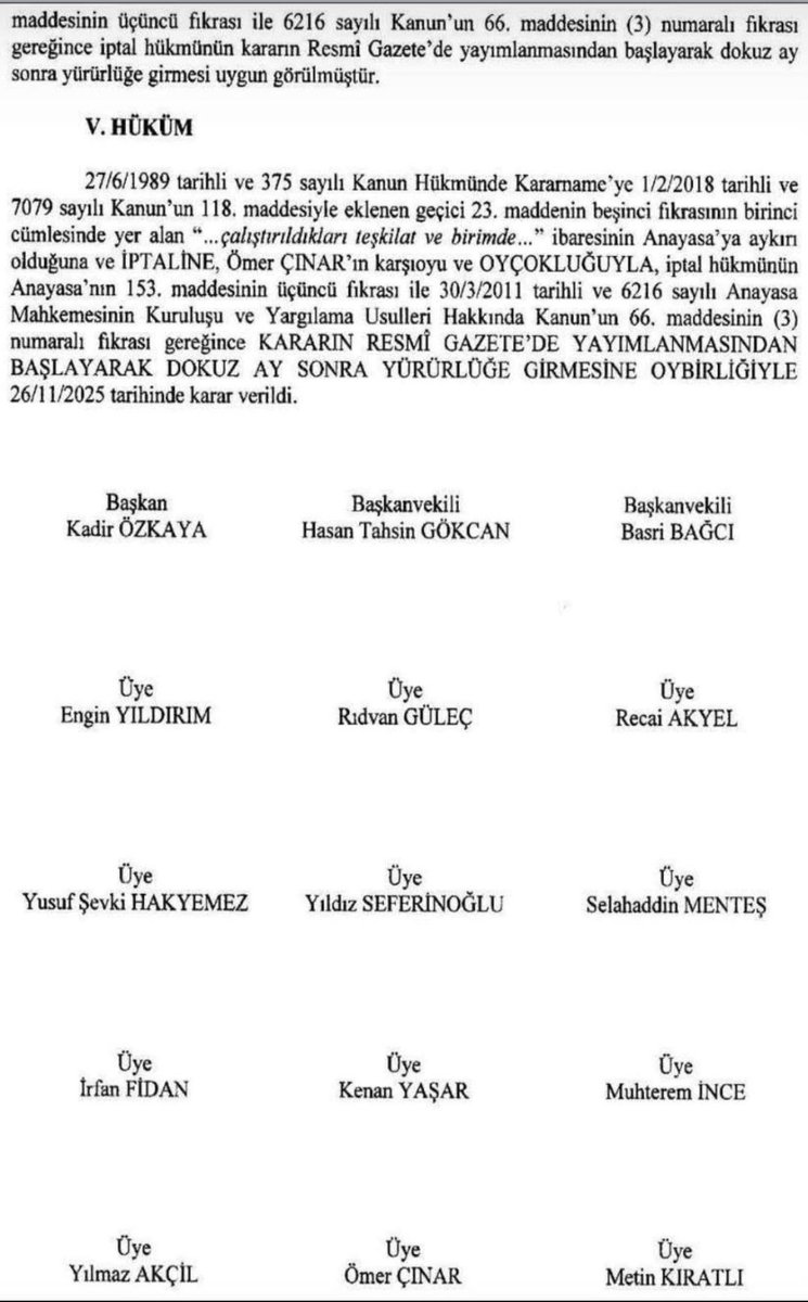 TAYİN GİBİ ZORUNLU EMEKLİLİK DE ANAYASAL DENETİMİN KONUSUDUR!

Anayasa Mahkemesi tarafından verilen ve Resmî Gazete’de yayımlanan önemli bir karar, kamu işçilerinin çalışma hayatına ilişkin uzun süredir tartışılan bir sınırlamayı hukuka aykırı bularak iptal etmiştir.

🔴 375