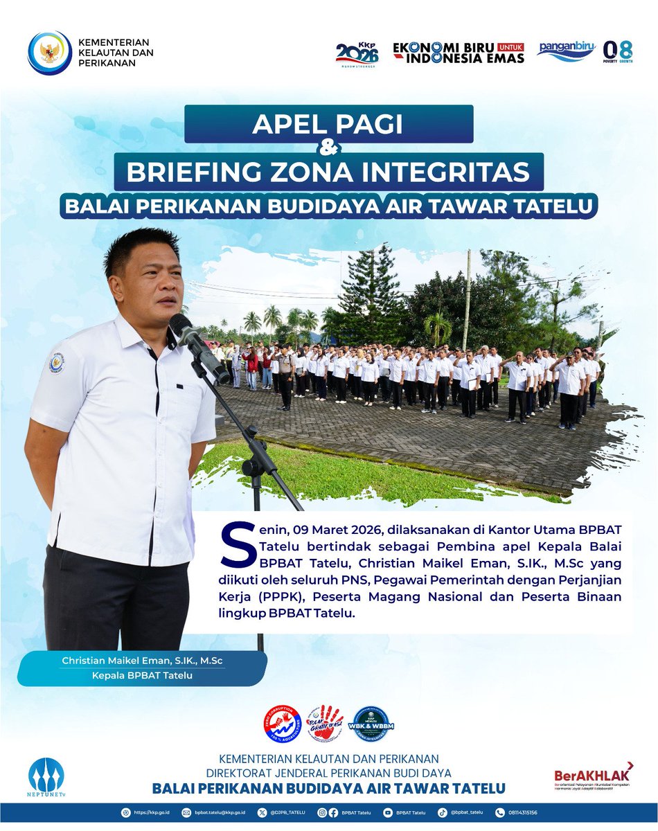 DJPB_TATELU's tweet image. Apel Pagi dan Briefing Zona Integritas  Senin, 9 Maret 2026, di Kantor Utama BPBAT Tatelu dipimpin oleh  Kepala Balai Perikanan Budidaya Air Tawar Tatelu (BPBAT Tatelu), Christian Maikel Eman, S.IK., M.Sc., 

#PanganBiru #2026KKPRiseTogether
