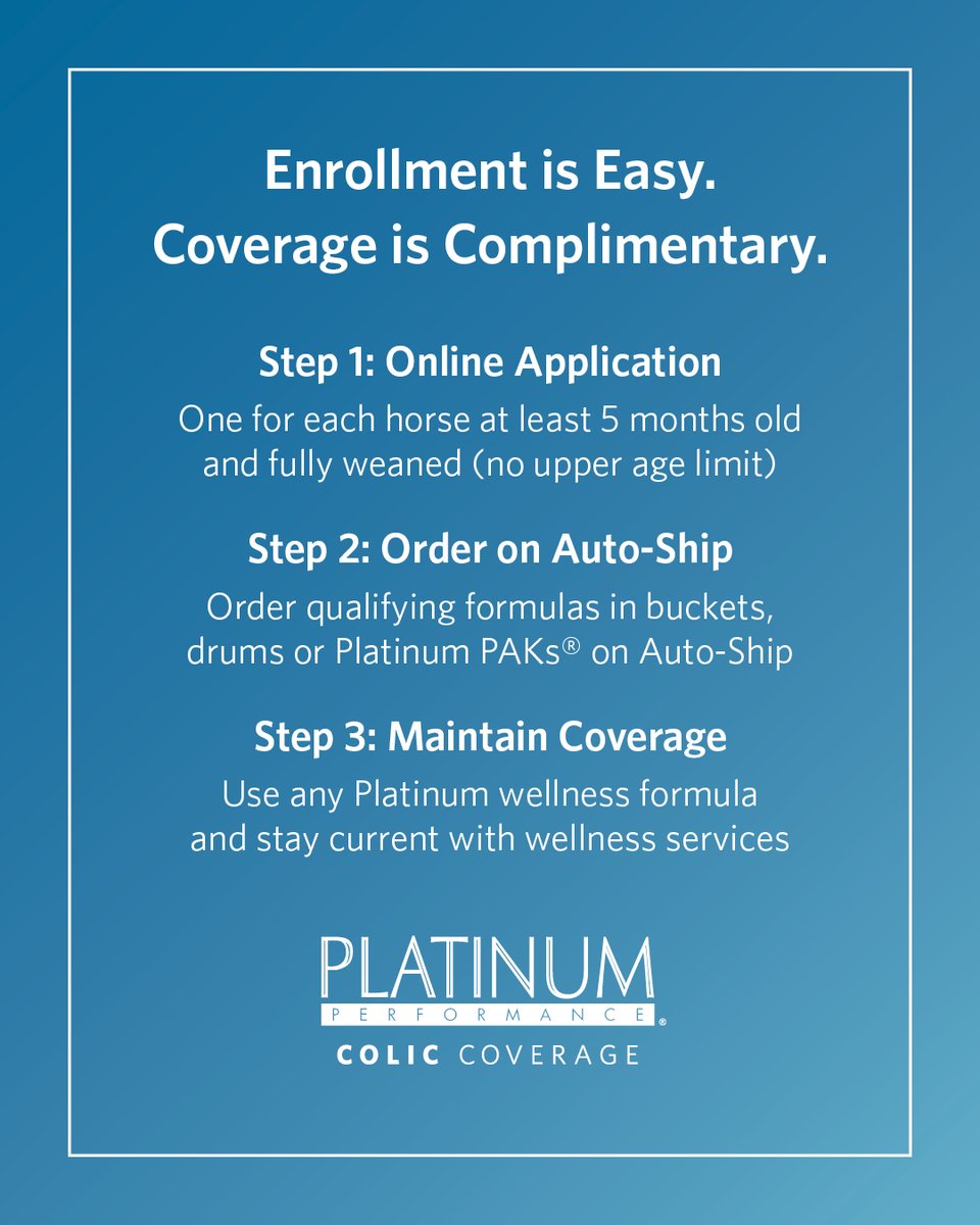 platinumperf's tweet photo. Ride more. Worry less.

With Platinum Colic Coverage®, you can get up to $15,000 in reimbursement for colic surgery through our complimentary program that pairs routine wellness care with the right nutrition for your horse. https://t.co/V34UHmRVSH