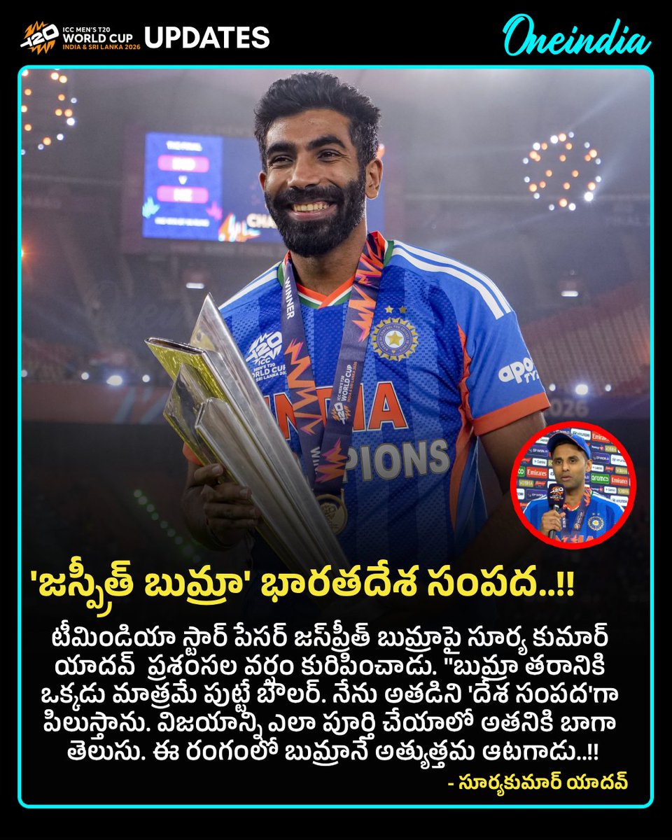 oneindiatelugu's tweet image. 'జస్ప్రీత్ బుమ్రా' భారతదేశ సంపద - సూర్యకుమార్ యాదవ్
#JaspritBumrah #Bumrah #SuryaKumarYadav #SKY #TeamIndia #INDvsNZ #NZvsIND #T20WorldCup #T20WorldCup2026 #T20WorldCupFinal #ICCT20WorldCupFinal #T20WorldCup2026Champions #SportsUpdate #Oneindiatelugu