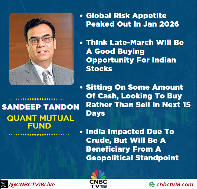 CNBCTV18Live's tweet photo. #OnCNBCTV18 | Late-March could be a good buying opportunity for Indian stocks; pharma and telecom in focus, metals to buy later, stay calm and rebalance, says #SandeepTandon of #QuantMutualFund https://t.co/mnOykhjUUZ
