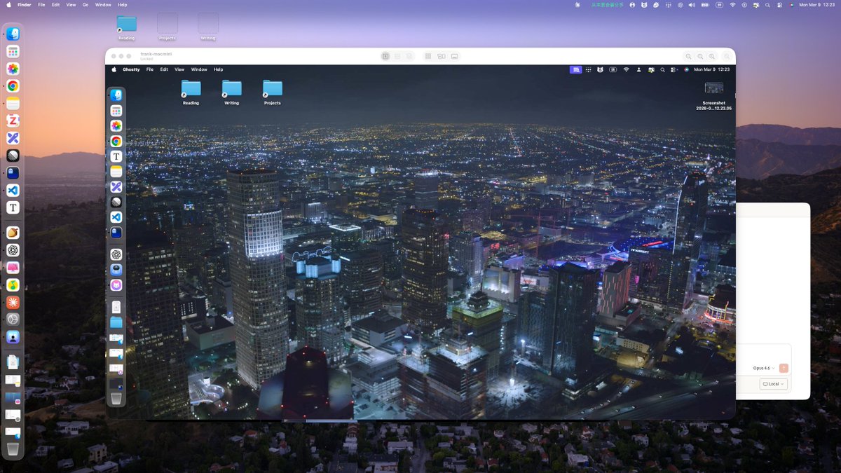 frank_uid's tweet photo. 分享几个自用mac mini的实践：

0、需求：日常带出门的macbook越小越好，比较重的计算存储开发都放进家里的macmini
1、网络问题：用tailscale搞定，如果在家里有局域网，可以直接打通p2p连接，在外面如果打不通需要走中转，买台离得近的阿里云作为relay中转节点，速度比tailscale的海外中转更快
2、关于Vibe Coding：开发的时候在macmini启动一个claude code的进程，并打开remote control，可以直接在macbook/iphone上用claude客户端操作，移动端应用搭配expo远程直连调试非常舒服
3、远程控制：有时候ssh终端不够用，需要进入桌面用鼠标操作，打开macmini的Screen Sharing，在macbook的Finder中可以直接进入macmini的屏幕操作