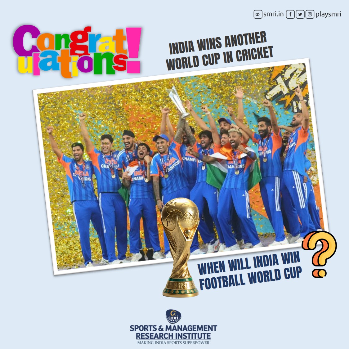 playsmri's tweet photo. Congrats, Team India, for winning the T20 World Cup. It's another World Cup win for India in cricket. When will India win the Football World Cup?

#SMRI #T20WorldCup #indiacricket #IndiaFootball #Goal2066 https://t.co/4BQgMoc8cs