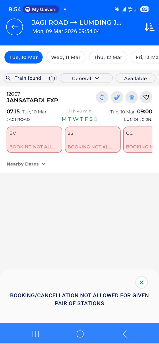 PreetyK4's tweet photo. @RailNf @IRCTCofficial @RailwaySeva
Train no 12067 Jan Shatabdi express why online ticket booking is not allowed in Railone App for Jagiroad station to any other station like Lumding, please let us book ticket online, So that we can reserve our seat without any issue. https://t.co/SHMVIOeTmx