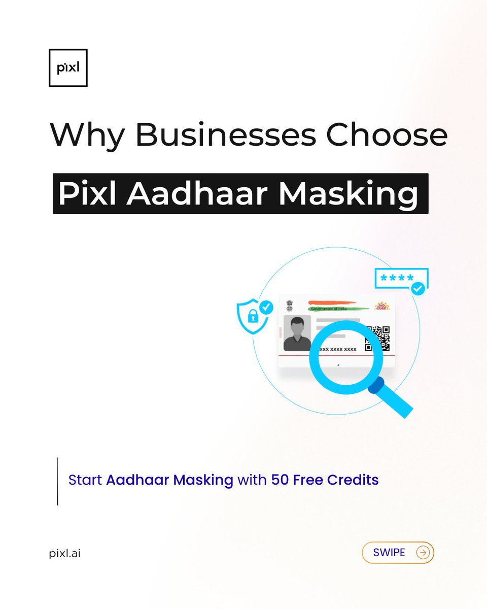 pix_dynamics's tweet photo. Why Businesses chooses pixl Aadhaar Masking ?

Explore the powerful capabilities of Pixl Aadhaar MaskingSwipe through to see how Pixl enables single and bulk Aadhaar masking
.
#AadhaarMasking #DataPrivacy #IdentityProtection #DigitalSecurity #Pixl https://t.co/IKBHUVFqwN