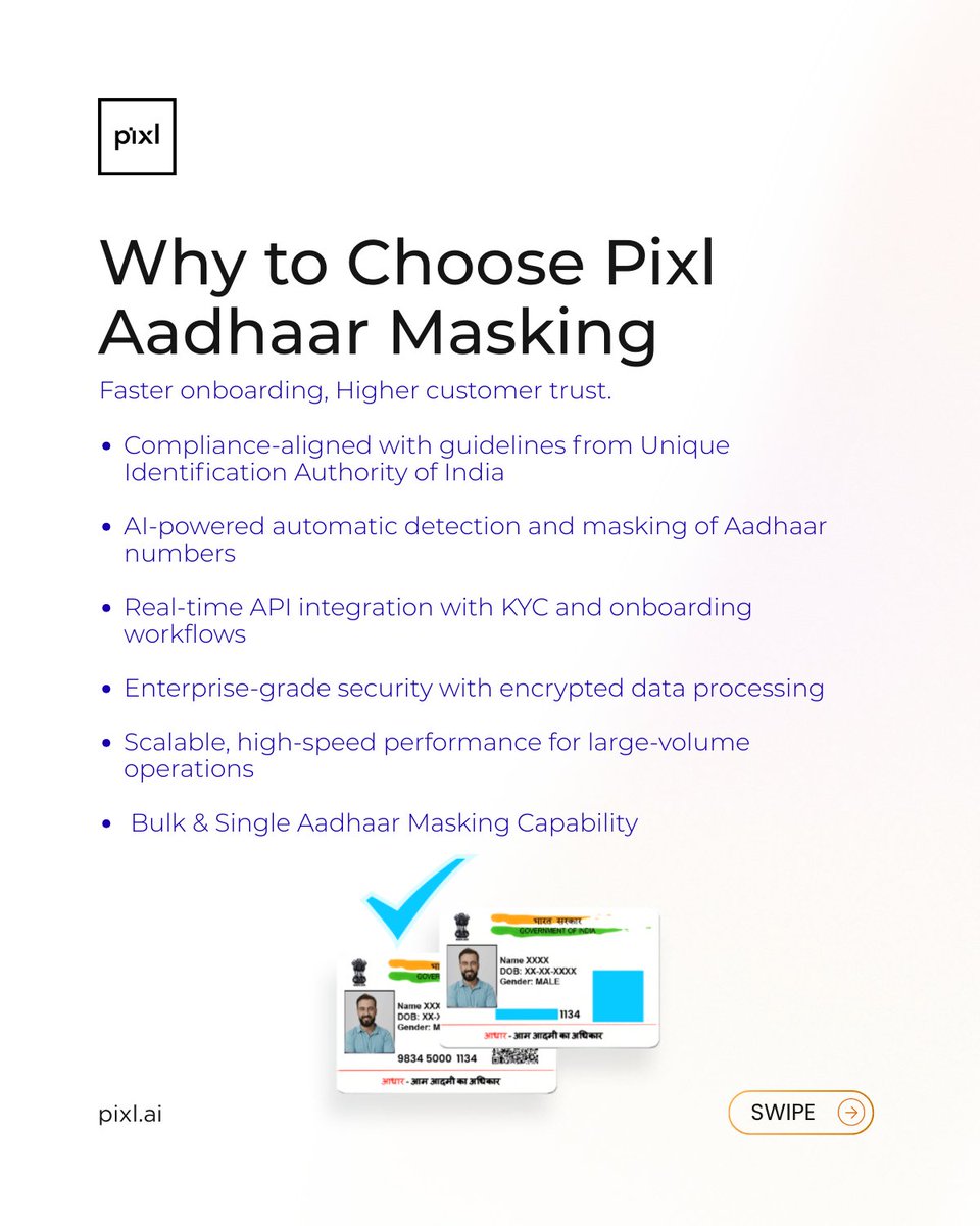 pix_dynamics's tweet photo. Why Businesses chooses pixl Aadhaar Masking ?

Explore the powerful capabilities of Pixl Aadhaar MaskingSwipe through to see how Pixl enables single and bulk Aadhaar masking
.
#AadhaarMasking #DataPrivacy #IdentityProtection #DigitalSecurity #Pixl https://t.co/IKBHUVFqwN