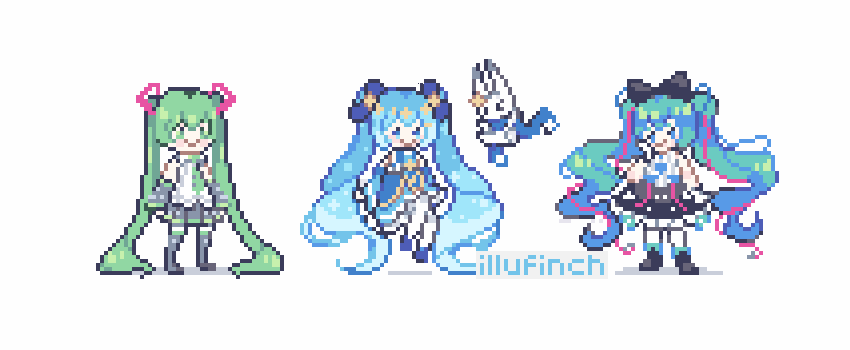 初音ミク ,ラビット・ユキネ ,雪ミク 「happy miku day #pixelart #ドット絵 #ミクの日」|finchのイラスト