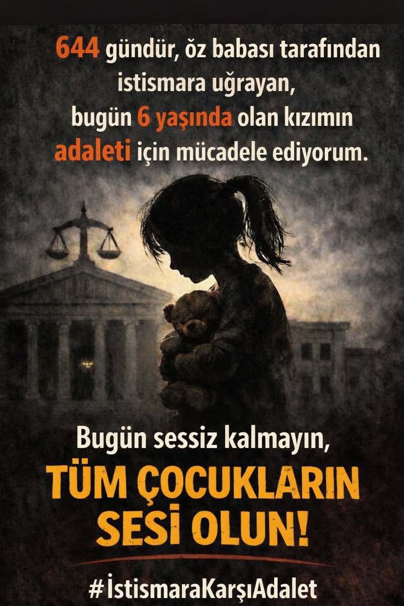 644 gündür, 4 yaşındayken öz babası tarafından istismara uğrayan, bugün 6 yaşında olan kızımın adaleti için mücadele ediyorum.

⚖️ 4.Duruşma ;

🗓 12 Haziran 2026
⏰️ 09.00
📌 Ünye Ağır Ceza Mahkemesi’nde görülecektir.

Ömür boyu bu travmayla yaşamak zorunda bırakılan bir