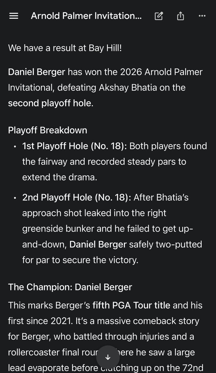 MindCommando's tweet photo. @0xTyrael Yeah, man, I got tricked by ChatGPT this afternoon saying US golfer Daniel Berger won the Arnold Palmer Invitational gold tournament when in fact Akshay Bhatia won it! ChatGPT literally made this up! I lost small change on Kalshi. https://t.co/PqH1sKHeMz