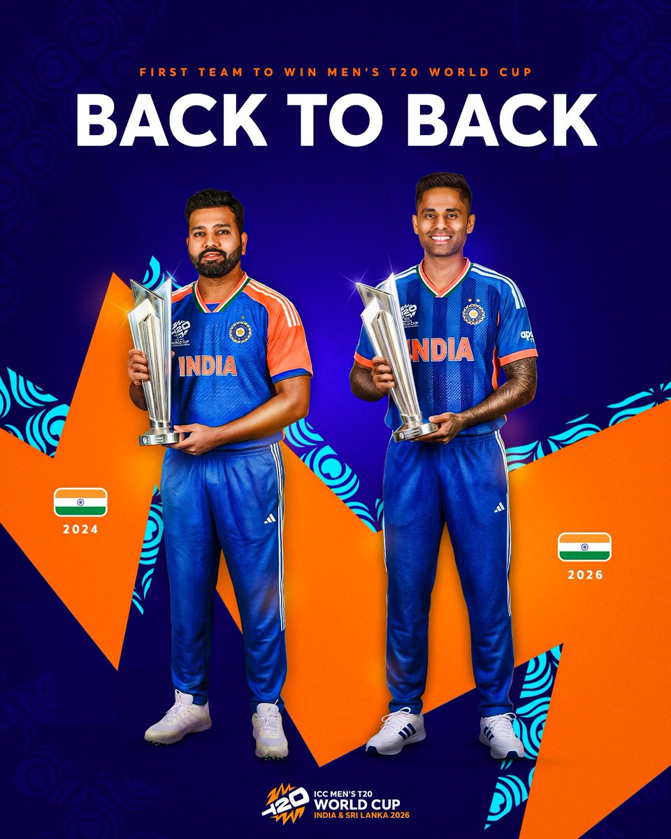 PatelDharak2's tweet photo. 𝙃𝙄𝙎𝙏𝙊𝙍𝙄𝘾 🇮🇳🏆

India become the first team to defend their Men’s #T20WorldCup crown 👑 https://t.co/5ewRCnmT8F