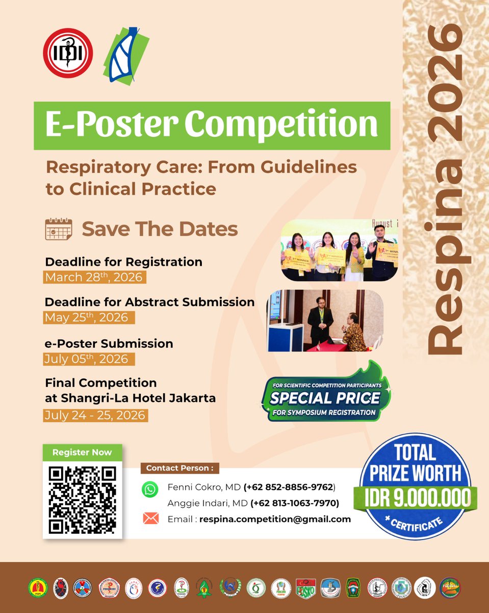 RespinaIndones1's tweet photo. Join us for an extraordinary journey in respiratory care!

E-POSTER COMPETITION
“27th International Meeting on Respiratory Care Indonesia (Respina) 2026”

Total Prize Worth IDR 9.000.000+certificate
https://t.co/Hg94UfyQ6e

Information:
Fenni Cokro, MD (WA+62 852-8856-9762) 

🙏 https://t.co/vaRH8Tc2IC
