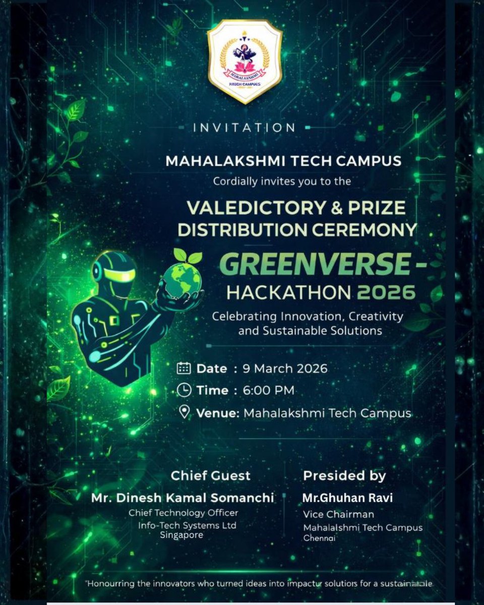 MahalakshmiTech's tweet photo. Celebrating Innovation for a Sustainable Future

Mahalakshmi Tech Campus invites you to the Valedictory &amp; Prize Distribution Ceremony of the 

📅 Date: 9 March 2026
⏰ Time: 6:00 PM
📍 Venue: Mahalakshmi Tech Campus https://t.co/gKqSTWdUMN