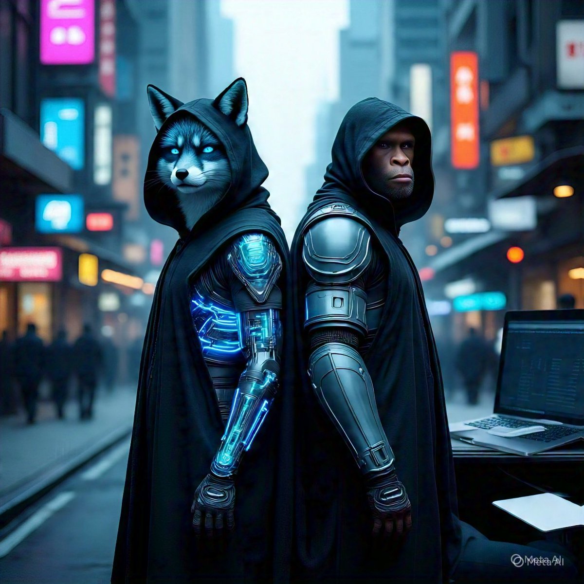 PhantoMask_PHSK's tweet photo. @elonmusk $PHSK On a noisy neon street, the fox and ape in black hoods stand back-to-back. Their robes mute the market’s scream; glowing arms filter signal from noise. Holding PHSK is your turn to stand behind them—watching, not shouting. https://t.co/IF3IJHofR2