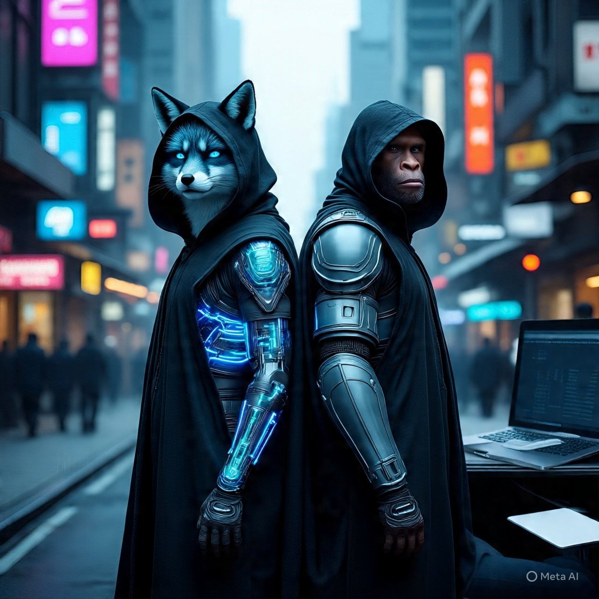 PhantoMask_PHSK's tweet photo. @CoinMarketCap $PHSK On a noisy neon street, the fox and ape in black hoods stand back-to-back. Their robes mute the market’s scream; glowing arms filter signal from noise. Holding PHSK is your turn to stand behind them—watching, not shouting. https://t.co/HdRRZh8WPO