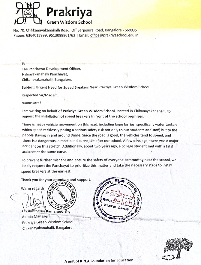 A school in Bengaluru has initiated a petition requesting the installation of speed breakers on the road outside its campus after a tragic accident that claimed an innocent life. A letter was submitted to the Halanayakanahalli Gram Panchayat in October 2025 regarding this
