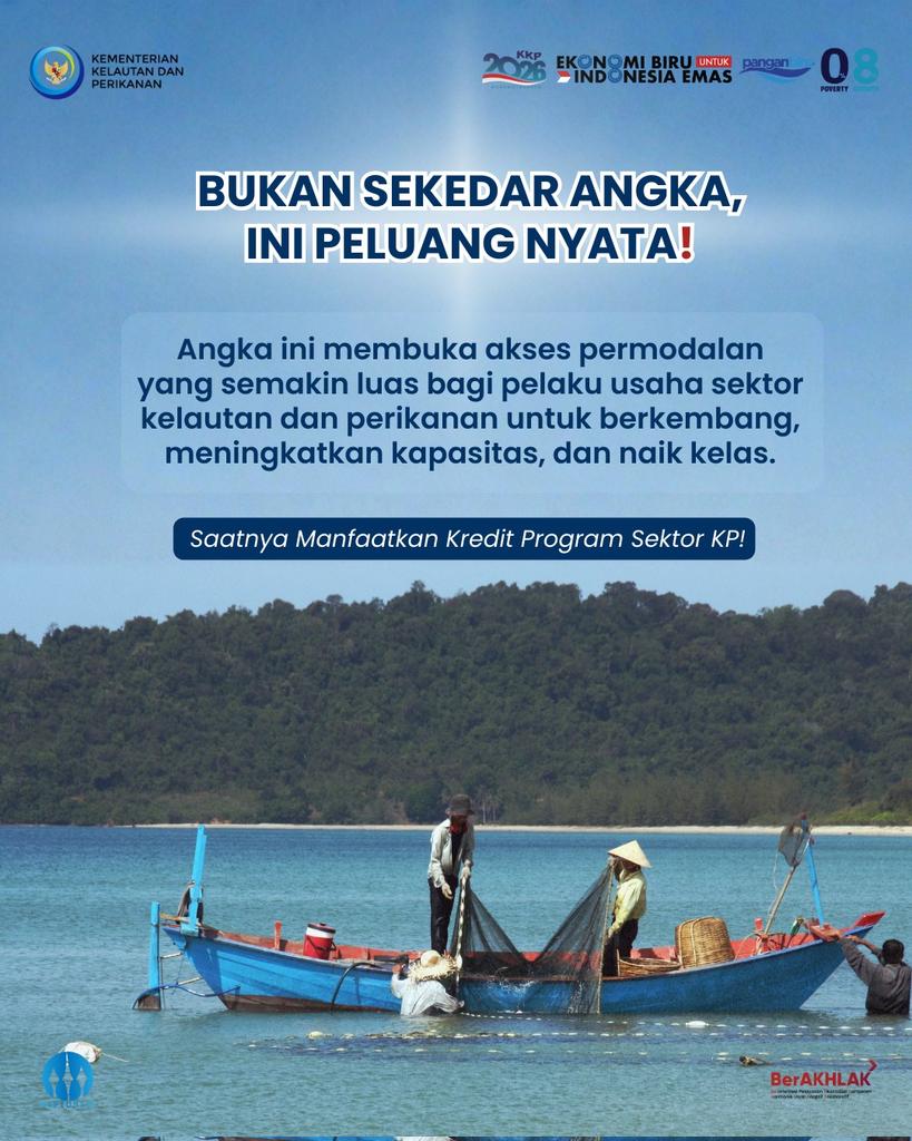 cakrofik69's tweet photo. Sahabat Bahari, dukungan pembiayaan sektor kelautan dan perikanan terus menguat. 
Kredit program mencapai Rp7,45 triliun dan menjangkau 300 ribu lebih pelaku usaha, terutama budi daya, penangkapan &amp; perdagangan hasil perikanan.
#2026KKPGrowStronger #SaktiWahyuTrenggono #KKPGOID https://t.co/01ZuRyalqD