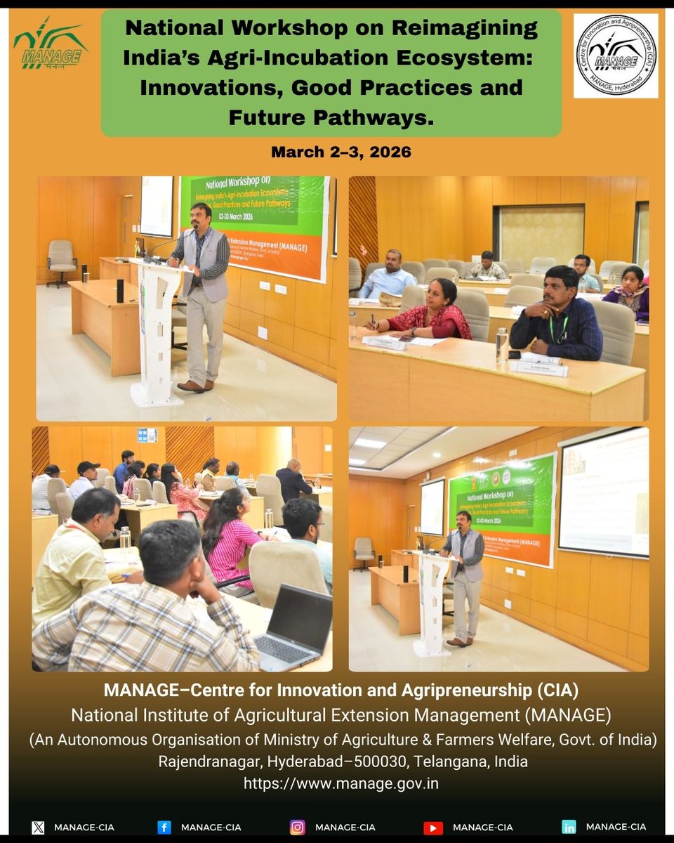 CiaManage's tweet image. 🌾 National Workshop Highlight

Dr. J. Stanley, CEO – Nutrihub, ICAR–IIMR, shared how incubation and innovation are strengthening India’s millet value chain and supporting agri-startups.

#NationalWorkshop #MANAGECIA #Nutrihub #Millets #AgriStartups