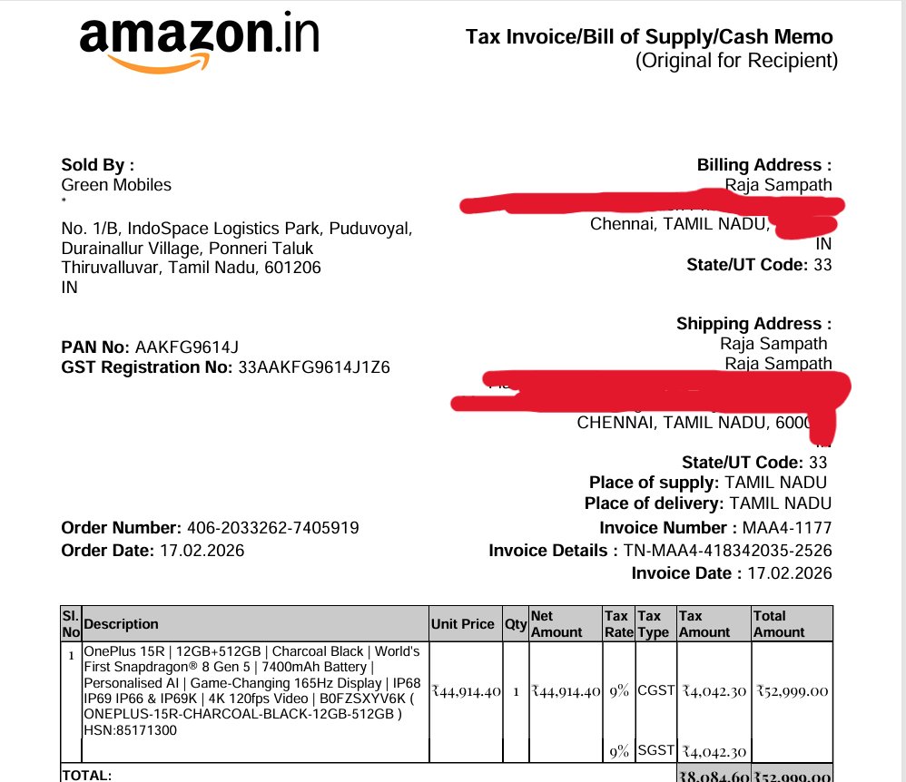 rajasampath's tweet photo. @amazonIN @amazon @AmazonHelp @ajassy @JeffBezos @nch1915 @jagograhakjago @consaff 
@GoI_MeitY

I am making this public because every direct attempt to resolve my issue has failed.

Order 406-2033262-7405919 (OnePlus 15R worth ~₹52,000) was delivered with a completely different product (Boat earbuds) inside the sealed package.

I immediately reported the issue and shared full evidence:
• Product photos
• Packaging images
• Shipping label
• Invoice

Amazon closed the case claiming the correct product was packed and delivered, yet no investigation report, IMEI mapping, dispatch weight logs, or audit findings have been shared.

A ₹52,000 discrepancy cannot be closed with template responses.

I have now initiated Consumer Commission filing and chargeback proceedings.

I hope Amazon leadership reviews this case before legal proceedings progress further.