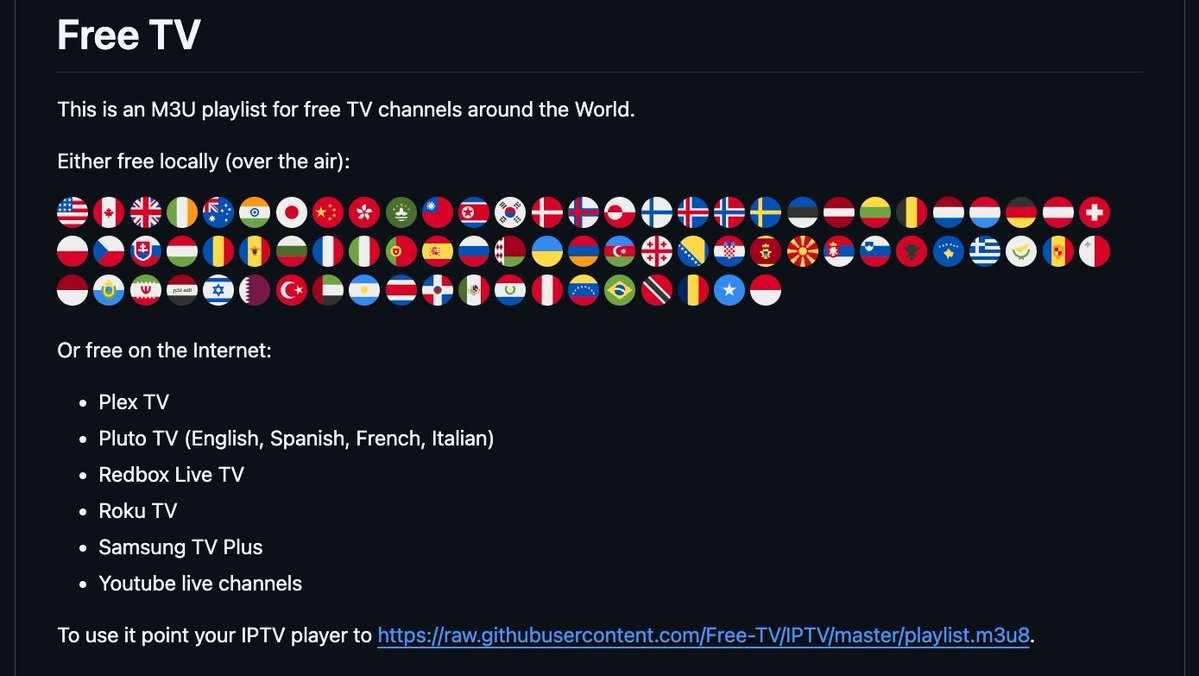 n__deborah's tweet photo. 🚨 BREAKING: Someone compiled free live TV channels from 60+ countries into a single M3U playlist on GitHub.

It's called Free-TV/IPTV.

One link. Every channel. Zero subscription.

What's inside:

→ Free over-the-air channels from USA, UK, India, Japan, Germany, France + 55 more countries
→ Streams from Plex, Pluto TV, Roku, Samsung TV Plus, and YouTube live
→ HD-first policy with no garbage SD streams
→ Auto-updated by 88 contributors worldwide
→ Works with any IPTV player in seconds

Instead of paying for a cable package you barely use…

Point your IPTV app to one URL and you're live.

7.4K stars. 100% free. 100% Opensource.

(Link in the comments)