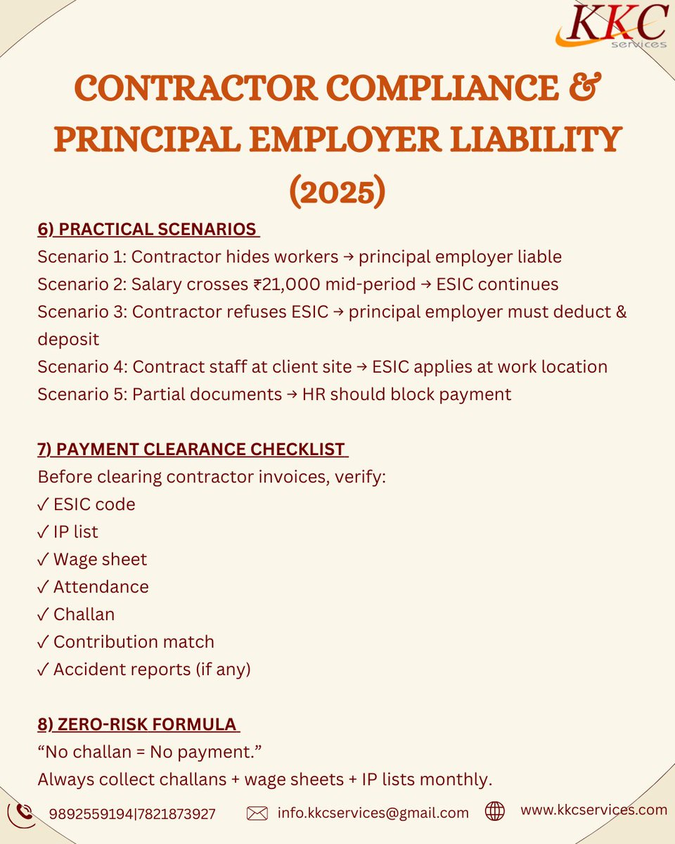 KKC_Services's tweet photo. Ensure compliance. Protect your organisation.
 Contractor Compliance &amp; Principal Employer Liability (2025) highlights the growing responsibility of principal employers to verify statutory adherence, maintain due diligence, and safeguard workforce rights. https://t.co/KX54HThUr4