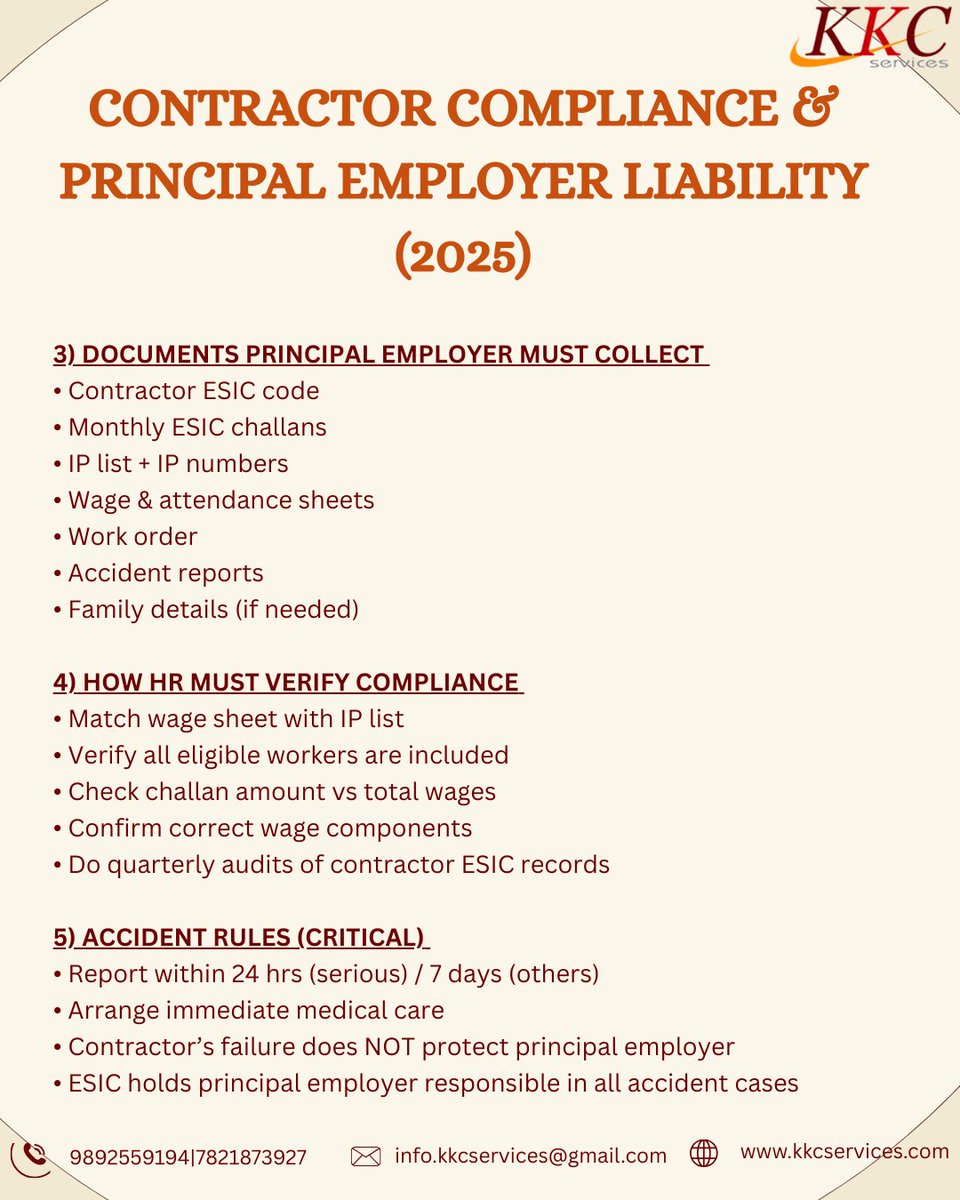 KKC_Services's tweet photo. Ensure compliance. Protect your organisation.
 Contractor Compliance &amp; Principal Employer Liability (2025) highlights the growing responsibility of principal employers to verify statutory adherence, maintain due diligence, and safeguard workforce rights. https://t.co/KX54HThUr4