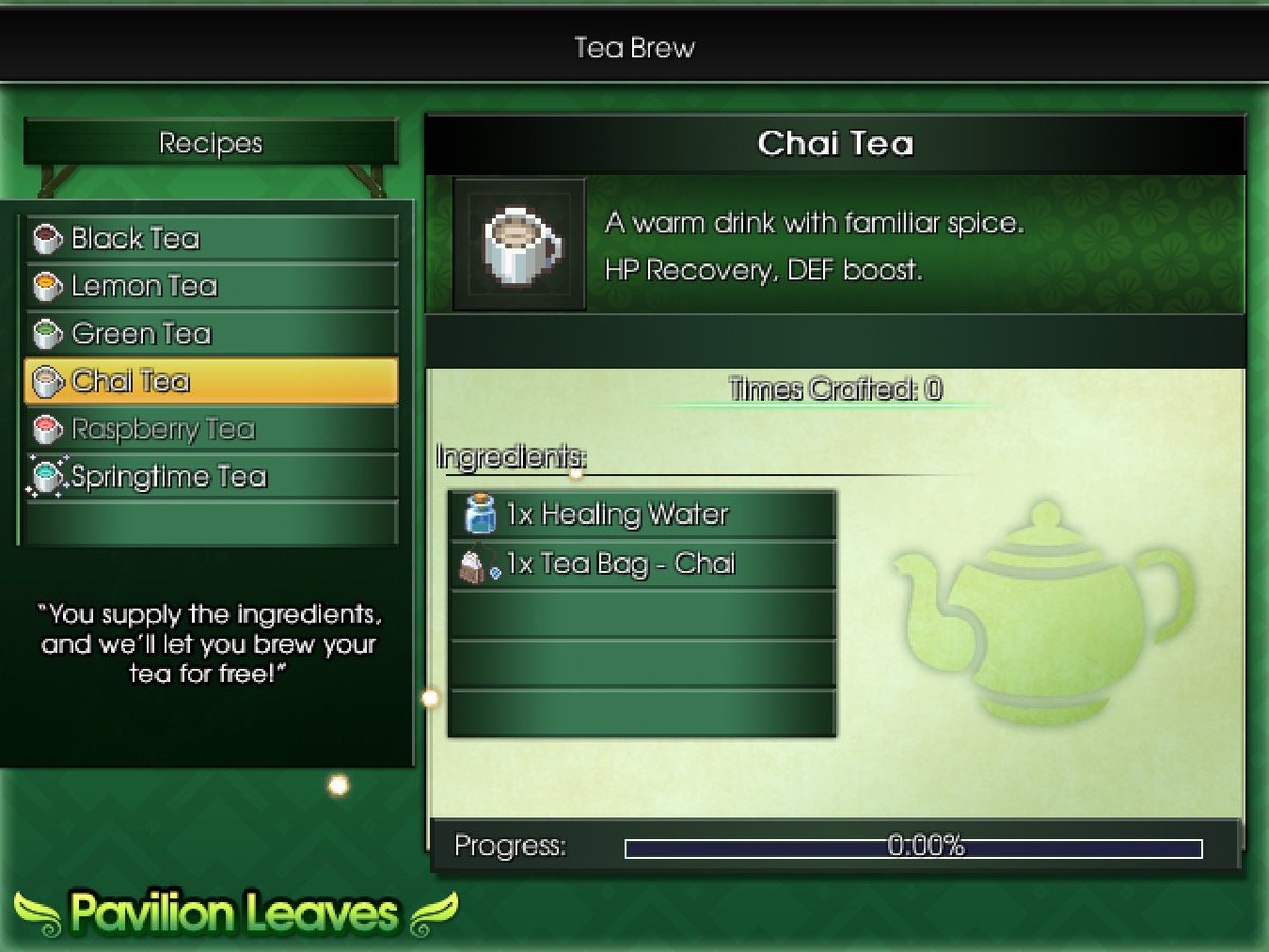BowtieAGames's tweet photo. I've had tea bags in my game's database for years now. Finally...you can brew tea.
This will be separate from normal cooking recipes. As of right now, you can only brew from kettles in Pavilion Leaves, a tea shop.
#rpgmaker | #vxace | #indiegamedev | #indiedev | #indiegame https://t.co/3JEEgfA9QB