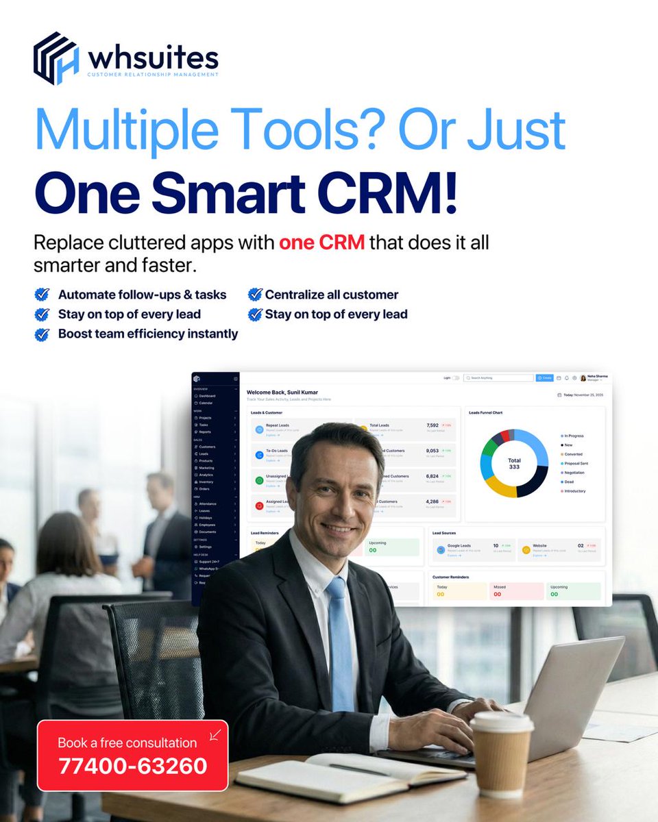 suhani_wh's tweet photo. Still managing leads on Excel? 📊

That’s not management. That’s risk. ⚠️

Missed follow-ups ❌
Delayed responses ⏳
Unassigned inquiries 📩

👉 That’s revenue slipping away 💸

With WH Suites CRM,
You track , assign , follow up , and convert 💼 — all in one place. https://t.co/mlweCfYVYI