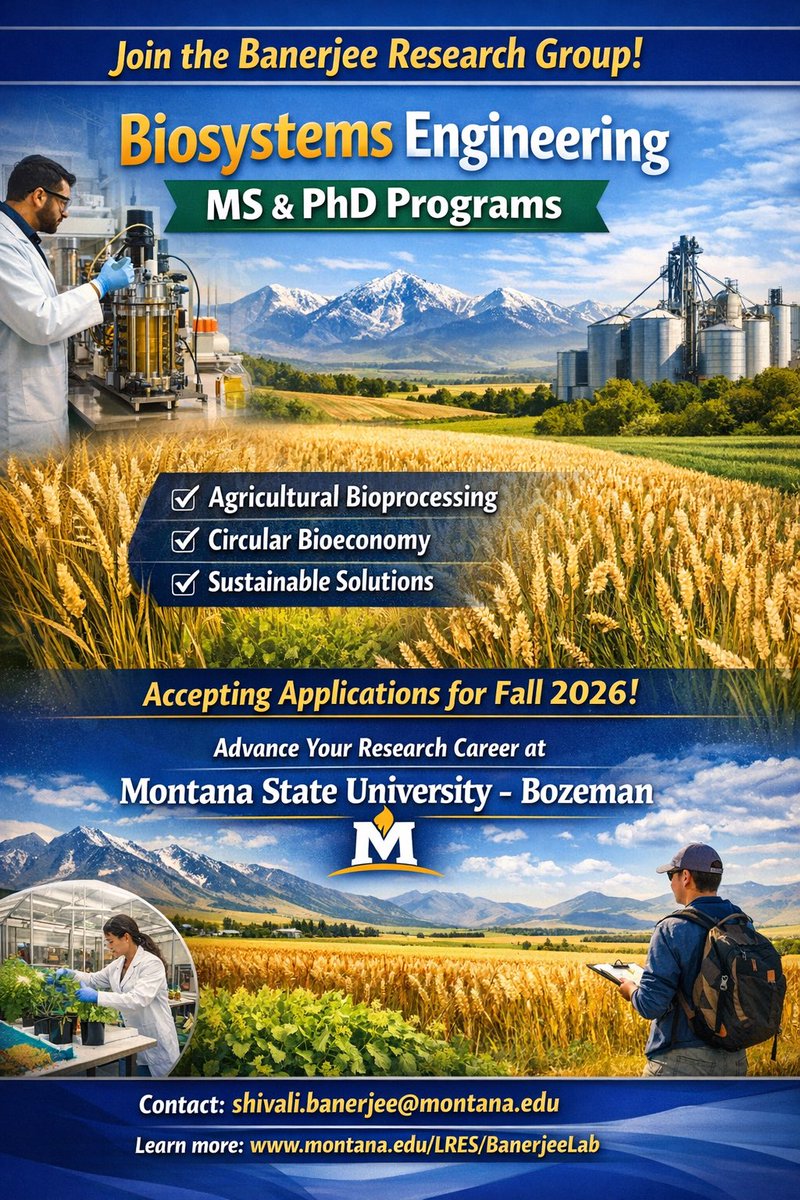 IOEAgrineer's tweet photo. Exciting opportunity for aspiring researchers in Biosystems Engineering. MS and PhD positions for Fall 2026 in agricultural bioprocessing, circular bioeconomy, and sustainable solutions at Montana State University–Bozeman.

#BiosystemsEngineering #AgriculturalEngineering https://t.co/FKXGHhaQMR