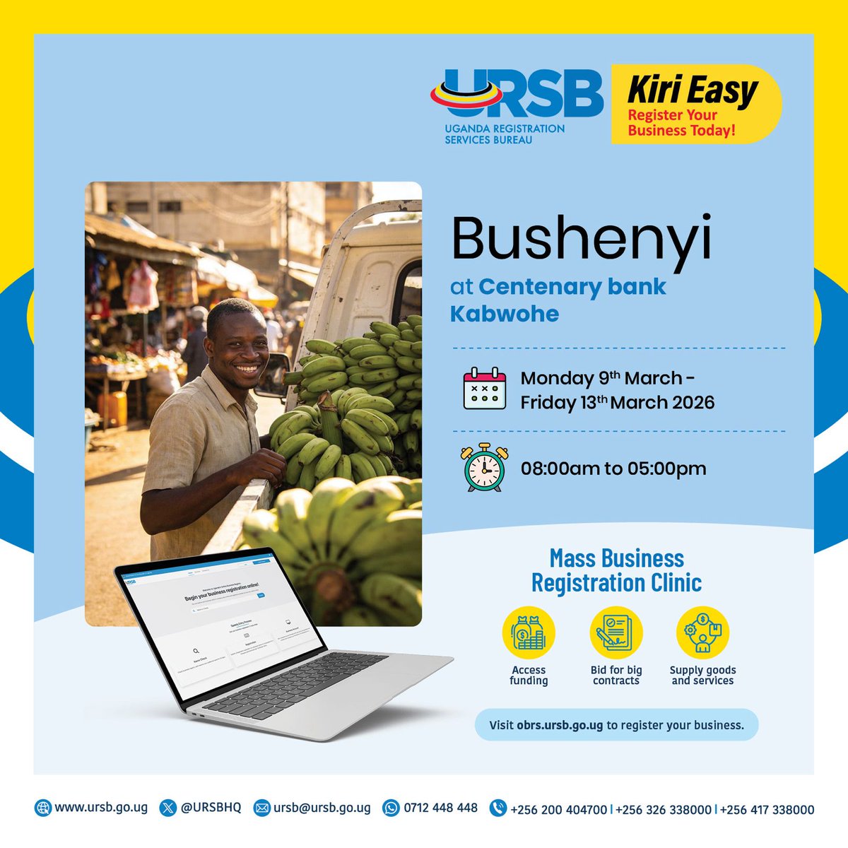URSBHQ's tweet photo. New week! New opportunities. 

Entrepreneurs in Bushenyi, Lyantonde, and Kabale, are you ready to take your business to the next level? Join us for our Business Registration Clinics this week.  

Kiri Easy! Register your Business Today!    

#RegisterToday #KiriEasy https://t.co/wUepDCDKnY