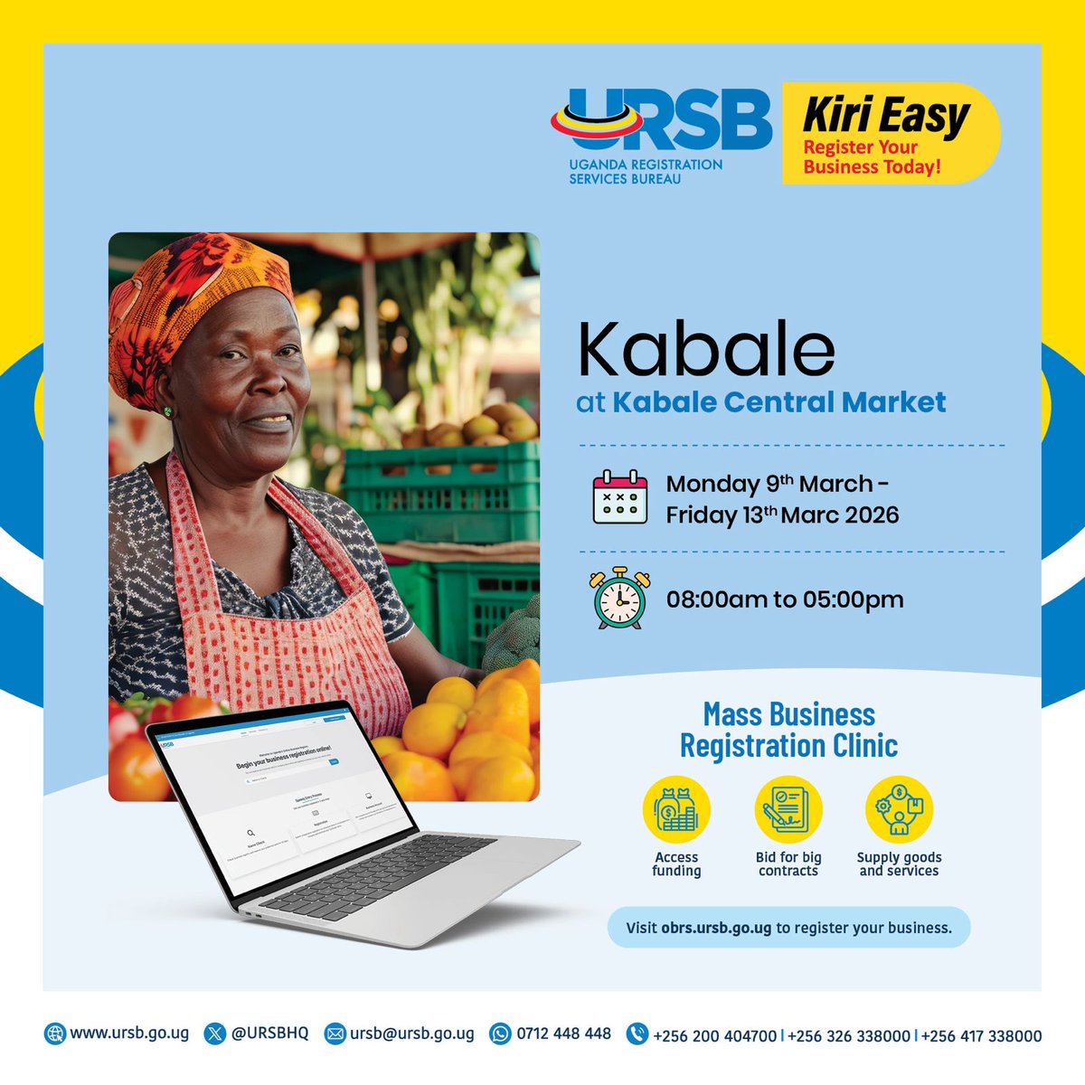 URSBHQ's tweet photo. New week! New opportunities. 

Entrepreneurs in Bushenyi, Lyantonde, and Kabale, are you ready to take your business to the next level? Join us for our Business Registration Clinics this week.  

Kiri Easy! Register your Business Today!    

#RegisterToday #KiriEasy https://t.co/wUepDCDKnY