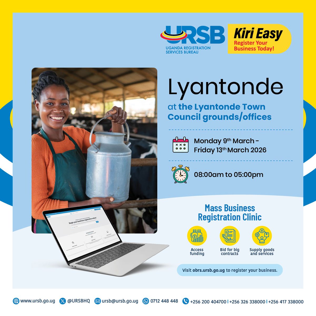 URSBHQ's tweet photo. New week! New opportunities. 

Entrepreneurs in Bushenyi, Lyantonde, and Kabale, are you ready to take your business to the next level? Join us for our Business Registration Clinics this week.  

Kiri Easy! Register your Business Today!    

#RegisterToday #KiriEasy https://t.co/wUepDCDKnY