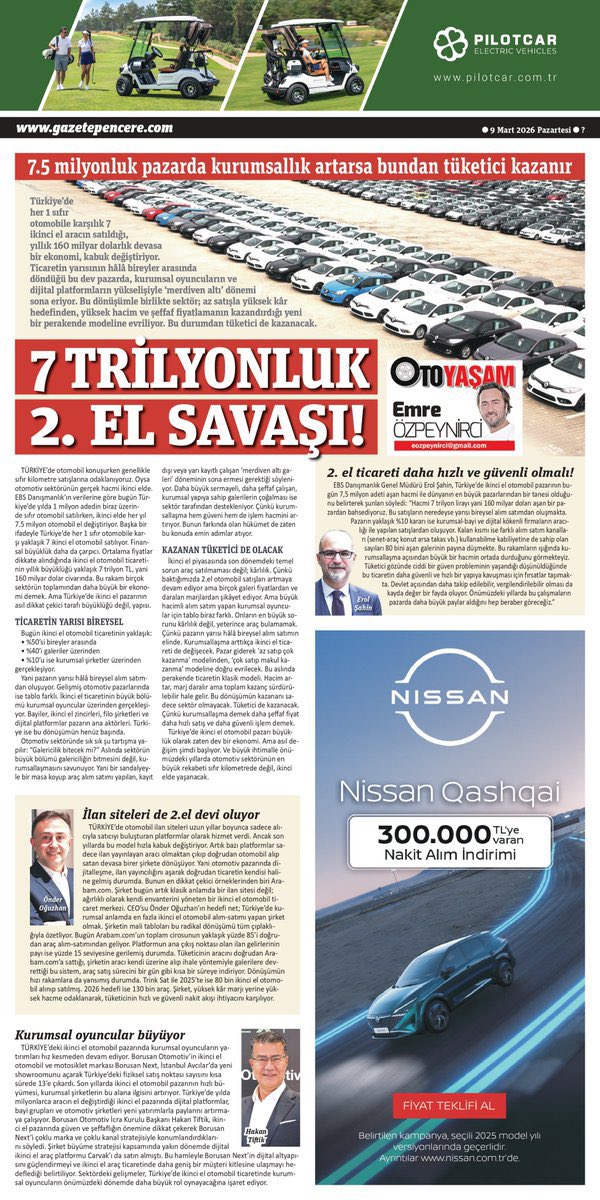 eozpeynirci's tweet photo. 7 TRİLYONLUK 2. EL SAVAŞI‼️

-Türkiye’de her 1 sıfır otomobile karşılık 7 ikinci el aracın satıldığı, yıllık yaklaşık 160 milyar dolarlık (7 trilyon TL) dev bir ekonomi kabuk değiştiriyor-

💢Yılda yaklaşık 7,5 milyon aracın el değiştirdiği bu pazarda ticaretin yarısı hala bireyler arasında gerçekleşiyor. 

💢Ancak kurumsal oyuncuların ve dijital platformların yükselişiyle birlikte ikinci el otomotivde 'merdiven altı' dönemi yavaş yavaş sona eriyor.

💢Sektör artık az satışla yüksek kâr anlayışından uzaklaşıp, yüksek hacim ve daha şeffaf fiyatlamaya dayalı yeni bir perakende modeline doğru evriliyor.

Bu dönüşümün en büyük kazananı ise tüketici olacak.

https://t.co/Muh55XZUcQ @gazetepencere
