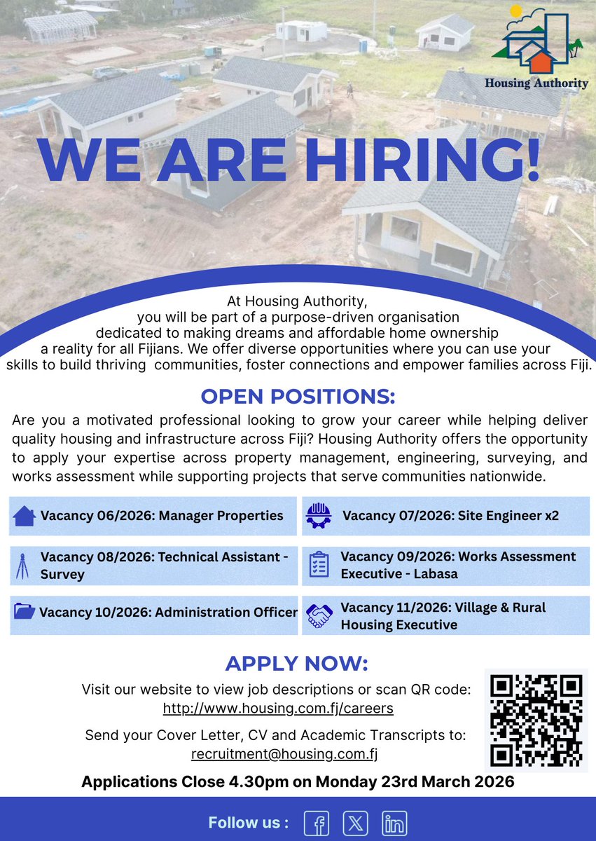 housing_authori's tweet image. See any of the vacant posts that excite you? Why not come and join us at the #HousingAuthority to share your skills and expertise? Applications close Monday, 23rd March 2026 at 4.30 pm. More details on the poster below. 
#vacancies #purposedriven #housing #buildingcommunities