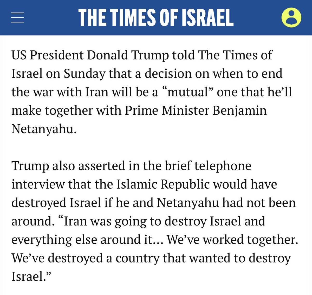 🚨🇮🇷🇮🇱🇺🇸 MASSIVE BREAKING NEWS YOU SHOULD KNOW: 

Trump tells Israeli media that he will not end the war on Iran without Israeli consent.

Who is really in charge of The United States of America at this point?