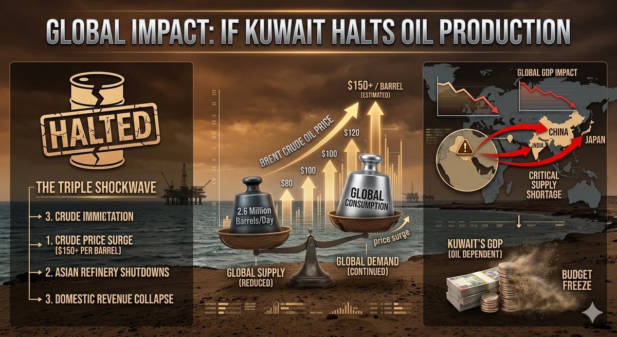 cnuconnect's tweet photo. If Kuwait were to completely halt its oil production—as suggested by recent precautionary measures and regional instability in March 2026—the world would face an immediate and severe energy crisis. Kuwait is currently the fifth-largest producer in OPEC, contributing approximately 2.6 to 3 million barrels per day (bpd) to the global market.
The impact of a total shutdown would be felt across three major pillars:
• Global Oil Prices: With Kuwait providing nearly 6% of the world's proven reserves, a total halt would trigger a massive supply deficit. Analysts warn that combined with the current closure of the Strait of Hormuz, oil prices could easily skyrocket past $150 per barrel, leading to global inflation and increased costs for everything from gasoline to groceries.
• Economic Paralysis in Asia: Kuwait exports over 90% of its oil, primarily to Asian giants like India, China, and Japan. A sudden stop would cripple their manufacturing and transport sectors, potentially forcing these nations to dip into strategic reserves or implement emergency energy rationing.
• Technical and Domestic Damage: Shutting down mature oil fields like Greater Burgan isn't like turning off a tap; it can cause permanent damage to reservoir pressure. Domestically, oil accounts for roughly 50% of Kuwait’s GDP and 90% of government export revenue, meaning a halt would essentially freeze the nation's ability to fund public services and infrastructure.