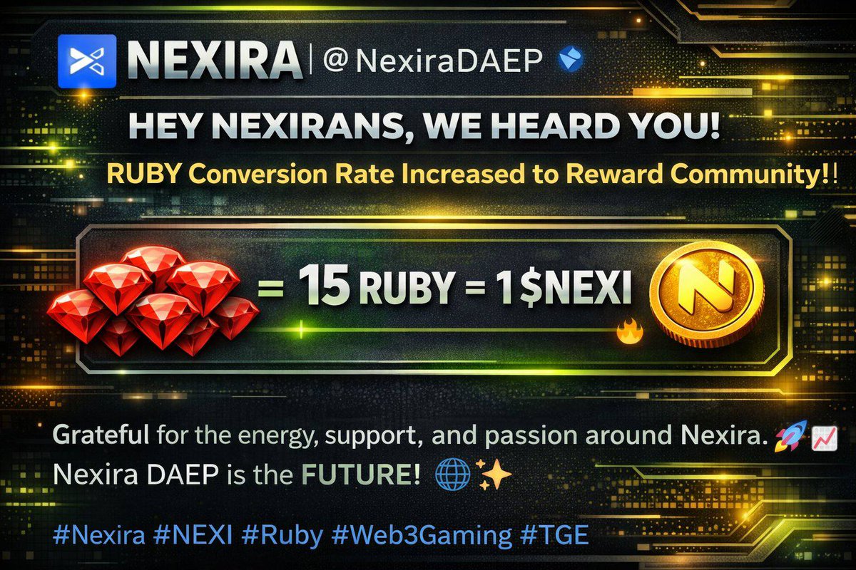 Crypto_Kieran's tweet photo. 📢 $RUBY → $NEXI CONVERSION UPDATE ⏳

For everyone farming Nexira, the big moment is close.

The official conversion link is expected to drop in about 30 minutes.

Confirmed rate
15 Ruby = 1 $NEXI

Now the real question is… how much did your grind stack up 👀

Quick examples

• 1,500 Ruby → 100 $NEXI
• 3,000 Ruby → 200 $NEXI
• 5,000 Ruby → 333 $NEXI

Time to check the bags 💎