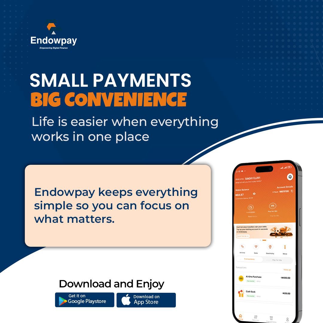 endowpay's tweet photo. Small payments. Big convenience 💳

Airtime, data, bills and more all in one place.
EndowPay keeps everything simple.

Download and enjoy 🚀

#EndowPay #DigitalPayments #FintechNigeria #PayWithEase #SmartMoney #CashlessLife https://t.co/oqrfeXjmzw