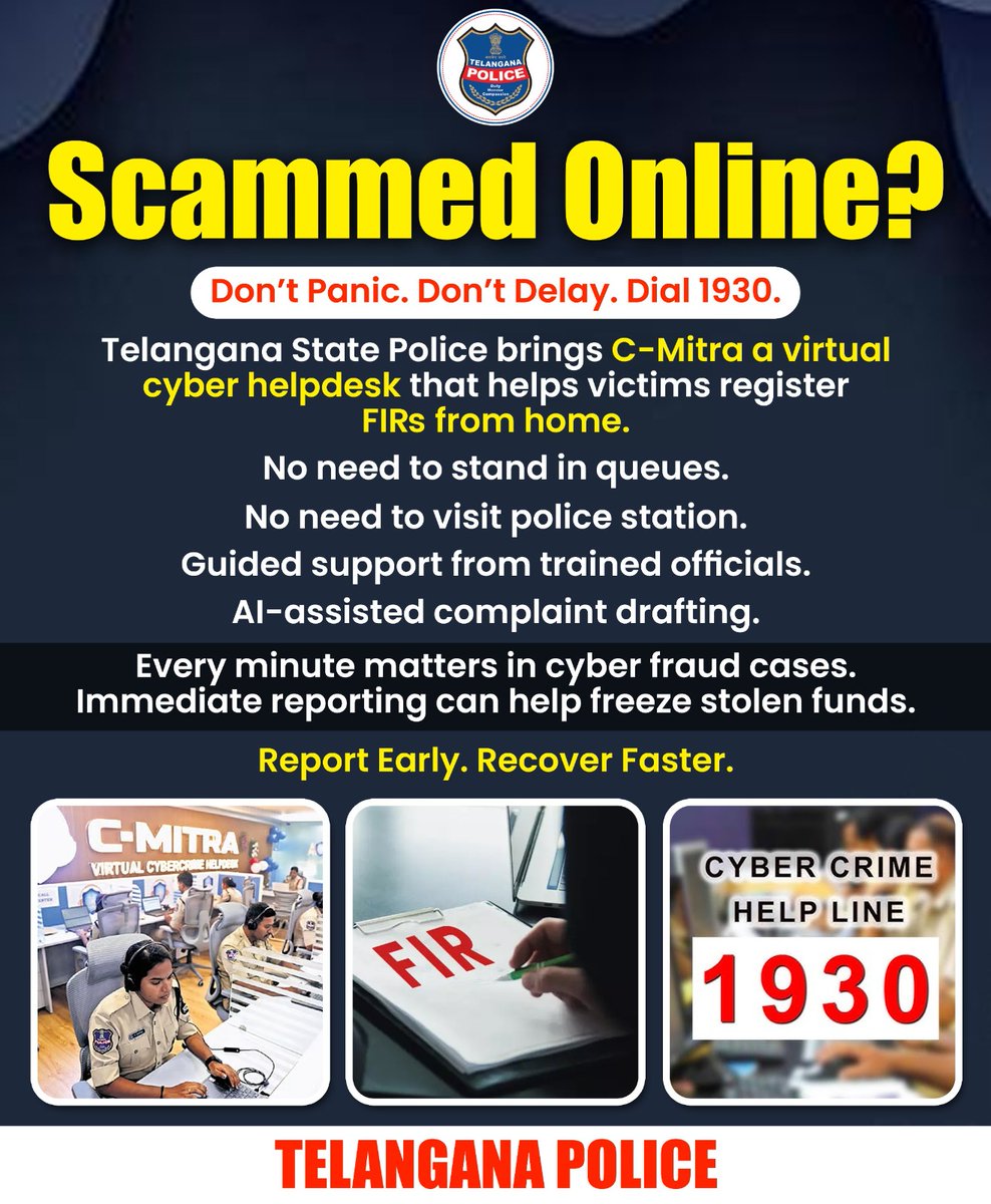 TelanganaCOPs's tweet image. You can now register your cybercrime FIR from the comfort of your home through C-Mitra.

Immediate reporting increases chances of fund recovery.

Dial 1930 right away.

#CyberCrimeAwareness #CMitra #DigitalSafety