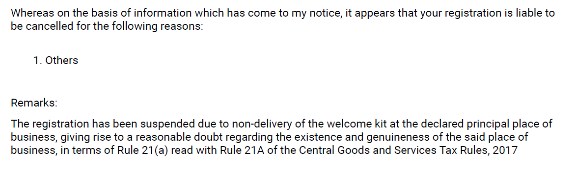 taxologyin's tweet photo. Applied for GST Registration under Rule 14A.

GSTIN granted within a few hours.

Within 20 days, a notice is issued.  GST registration suspended.

And wait till you see the reason mentioned for cancellation. 

This is unbelievable. @Infosys_GSTN