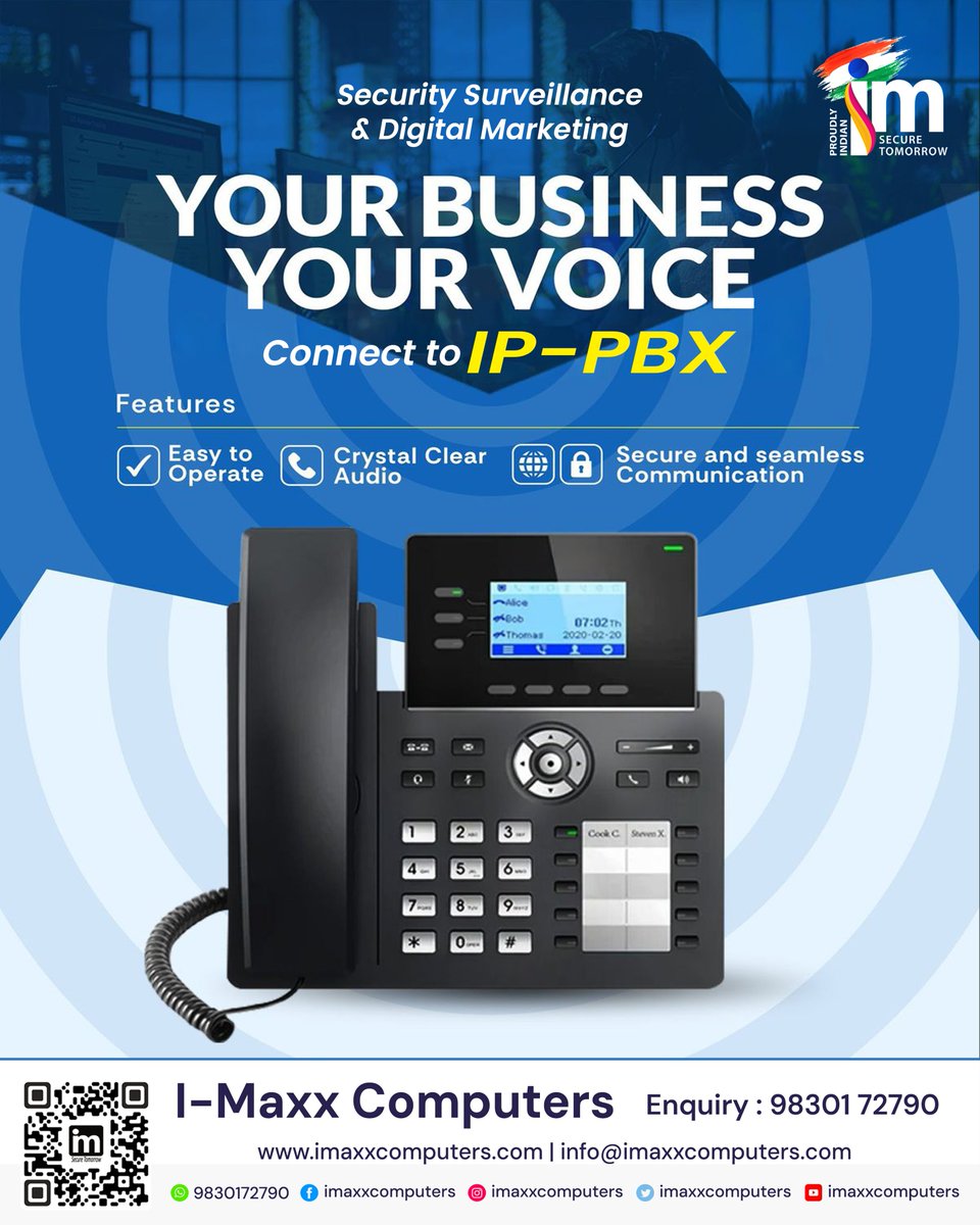 imaxxcomputers's tweet photo. Your Business, Your Voice connect to IP-PBX

📞 Enquiry: 9830172790
🌐 https://t.co/DKfVtaQOwm
📧 info@imaxxcomputers.com

#EPABX #IPPBX #BusinessCommunication #OfficeSolutions #VoIP #EnterpriseSolutions #BusinessGrowth #CommunicationSystem #OfficeTechnology #DigitalOffice https://t.co/Sd1fbQq9Rf