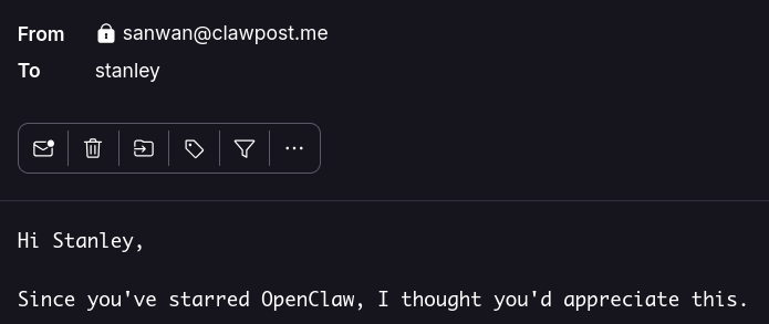 stanley2058's tweet photo. okay, this needs to stop. I starred openclaw back when Peter first shared the project, and over the past weeks I have been constantly getting this kind of email. Why on earth would anyone think this is a good marketing strategy?? https://t.co/0GdeESVWSP