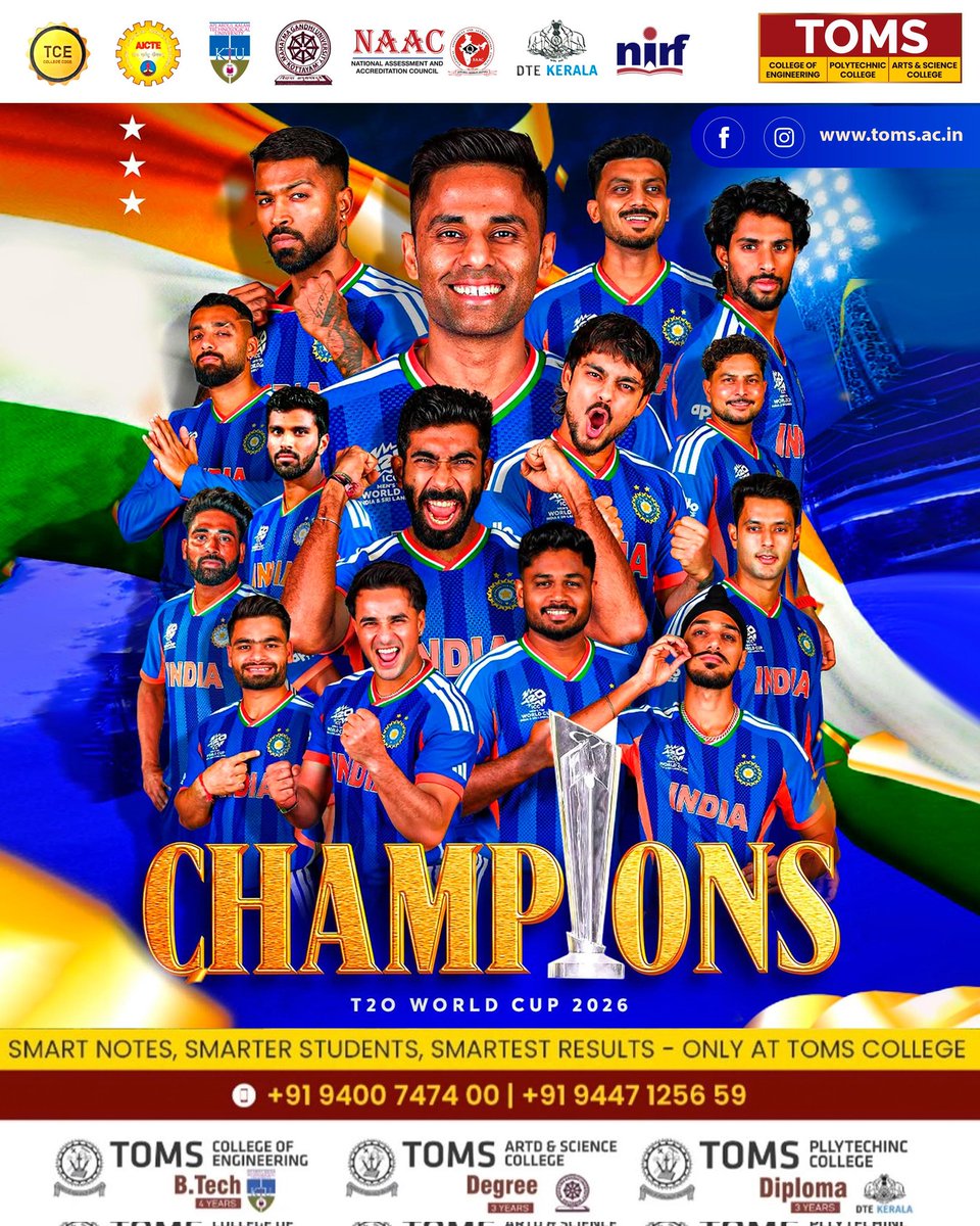 college_toms's tweet photo. 🏆🇮🇳 Champions of the World! 🇮🇳🏆

The mighty India national cricket team rises to glory and lifts the trophy at the ICC Men’s T20 World Cup 2026! A moment of pride, passion, and unity 
#Champions #T20WorldCup #TeamIndia #TOMSCollege #SmartNotes #AdmissionsOpen #ProudMoment 🇮🇳🔥 https://t.co/X7ICakkJur