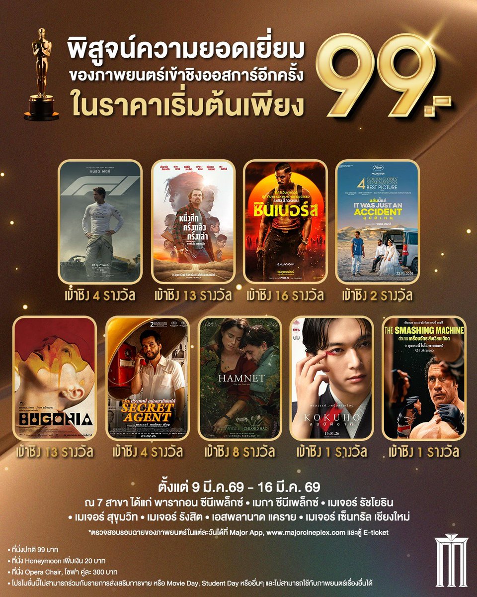 MajorGroup's tweet photo. พิสูจน์ความยอดเยี่ยมกับกองทัพหนังเข้าชิงออสการ์ ในราคาเริ่มต้นเพียง 99 บาท
ที่ เมเจอร์ ซีนีเพล็กซ์ ตั้งแต่ 9 - 16 มีนาคมนี้
ณ 7 สาขา 
• พารากอน ซีนีเพล็กซ์
• เมเจอร์ สุขุมวิท
• เมเจอร์ รัชโยธิน
• เมกา ซีนีเพล็กซ์
• เมเจอร์ รังสิต
• เอสพลานาด งามวงศ์วาน-แคราย
• เมเจอร์ เซ็นทรัลเฟสติวัล เชียงใหม่
#Oscars