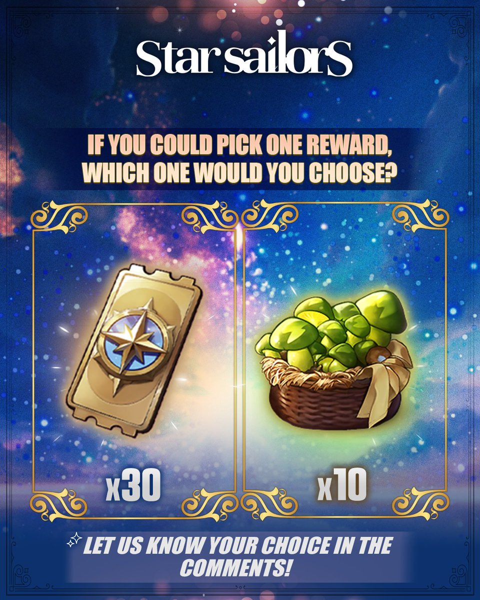 StarSailors_EN's tweet image. 🚀 Star Sailors Question of the Day!
​
If you could pick one reward, which one would you choose? 🤔
​
⭐ 30 Compass for more summons or ⚡ 10 Energy Bundles to keep grinding and progressing?
​
Tell us your choice in the comments and let us know why! 👇
​
#StarSailors #MobileGame