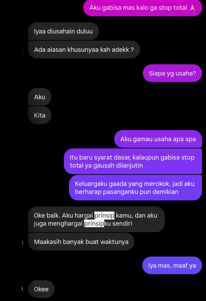 Paling setuju sama poin “jangan berharap bisa mengubah seseorang lewat pernikahan”. Menurutku itu udah standar paling dasar. Kalau dari awal emg bukan kriteriamu, ya sebaiknya jgn diterima.

Aku pernah nolak cowok perokok :D. Dia bilang bisa “memposisikan diri”, tapi tetap aku