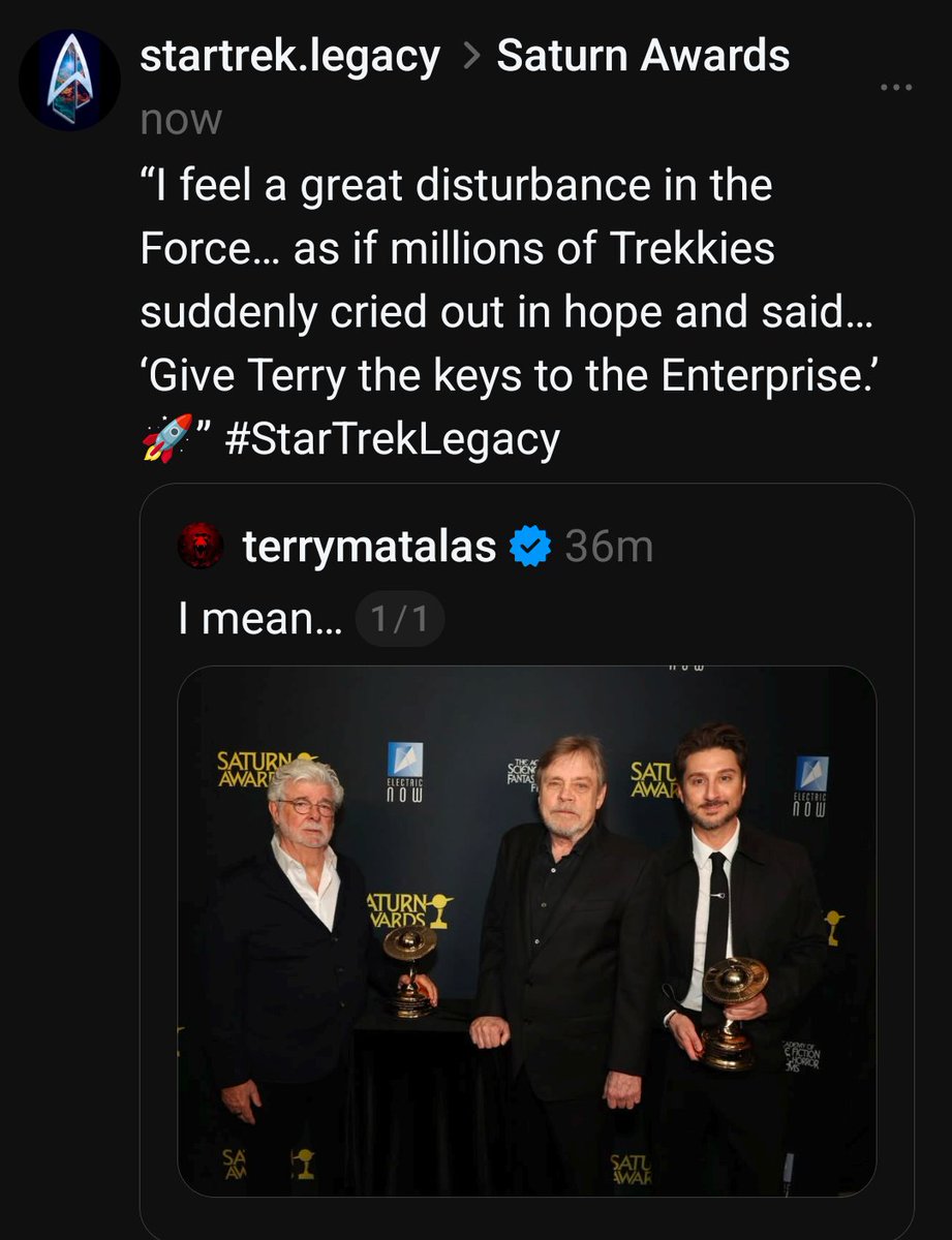 StarTrek_Legacy's tweet photo. 🪐🏆Congrats to @TerryMatalas on receiving the Robert Forster Artist’s Award.
If you believe he should lead Trek into the 25th C with #Captain7 and the crew of the Enterprise-G, let @paramountplus know.
Write your ✉️today:
https://t.co/doxOWR9ZpV
#StarTrekLegacy #SaturnAwards https://t.co/lqmDTxm2qh