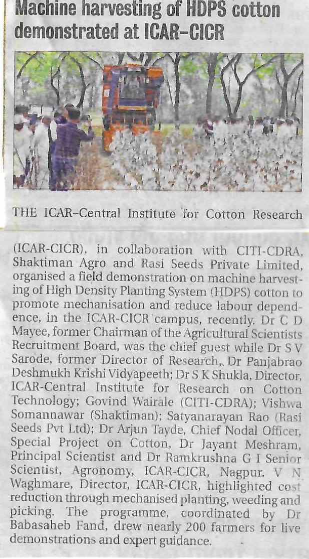 icar_cicr's tweet photo. MEDIA COVERAGE- ICAR-Central Institute for Cotton Research in collaboration with CITI-CDRA, Shaktiman Agro and Rasi Seeds Pvt Ltd.,organised a Demonstration of Machine Harvesting of HDPS Cotton on 27th Feb 2026 at Nagpur. #cicrnagpur #icar @icarindia https://t.co/q71hRUWaXJ