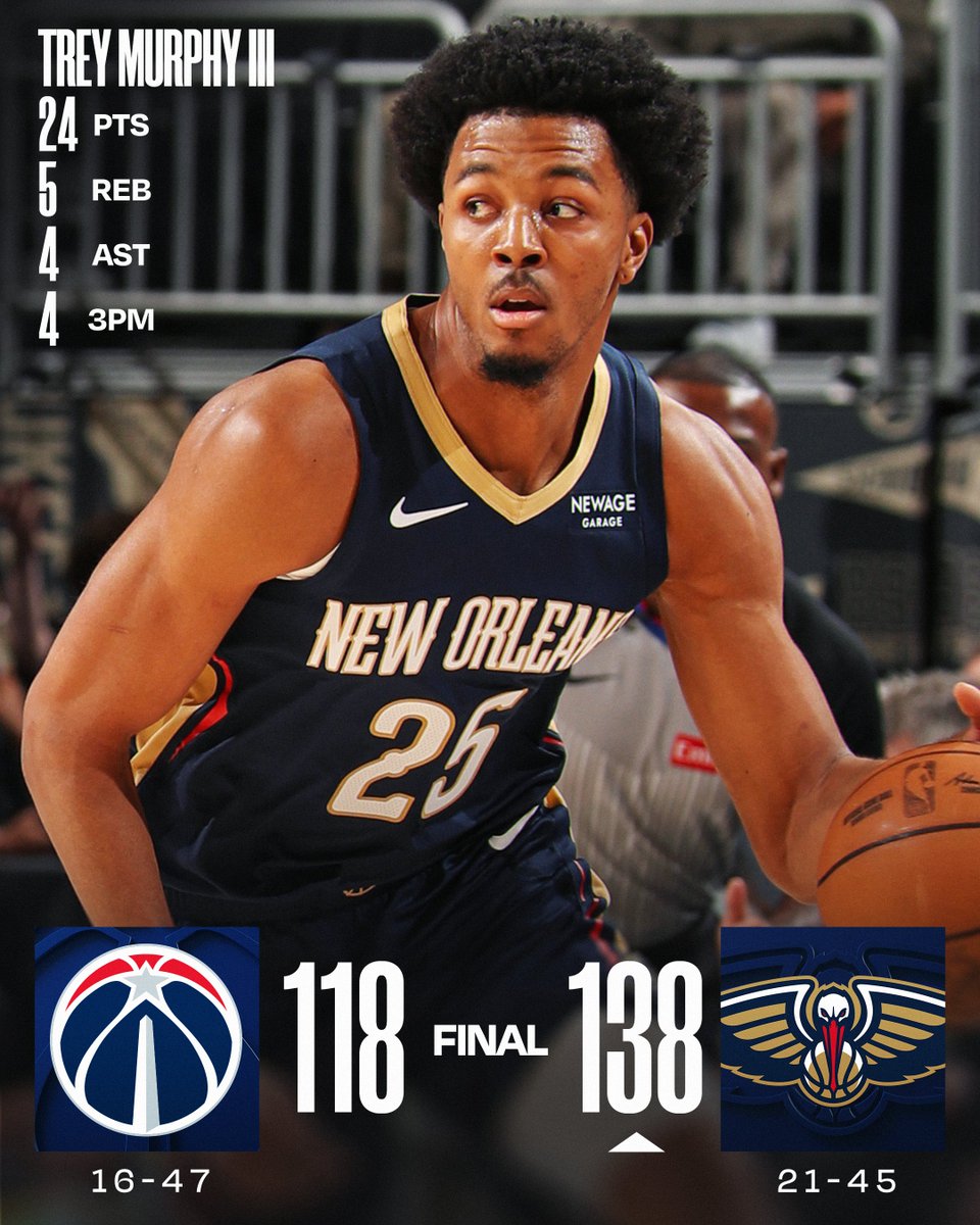 🏀 SUNDAY'S FINAL SCORES 🏀
Trey steers the @PelicansNBA to victory!
Saddiq Bey: 23 PTS, 10 REB, 2 STL
Zion Williamson: 20 PTS
Dejounte Murray: 19 PTS, 6 REB, 2 STL
Jeremiah Fears: 18 PTS, 5 REB, 7 AST