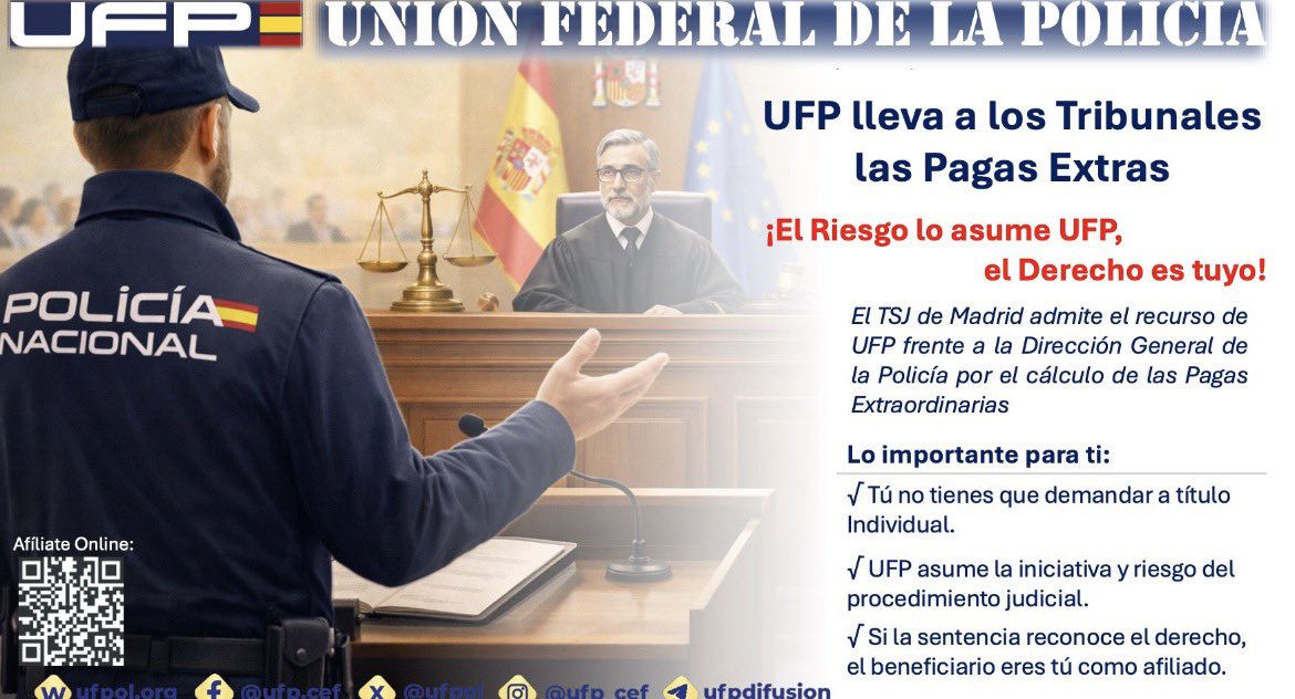 ✅ RECLAMACIÓN NOVEDOSA UFP PARA TOOS LOS POLICÍAS 

Hemos iniciado esta reclamación COMO SINDICATO 

👉TOTALIDAD DE LAS PAGAS EXTRAS.

✅Os facilitamos información precisa de nuestra reclamación 

✅Somos POLICÍAS con solvencia y conocimientos jurídicos acreditados… en apenas