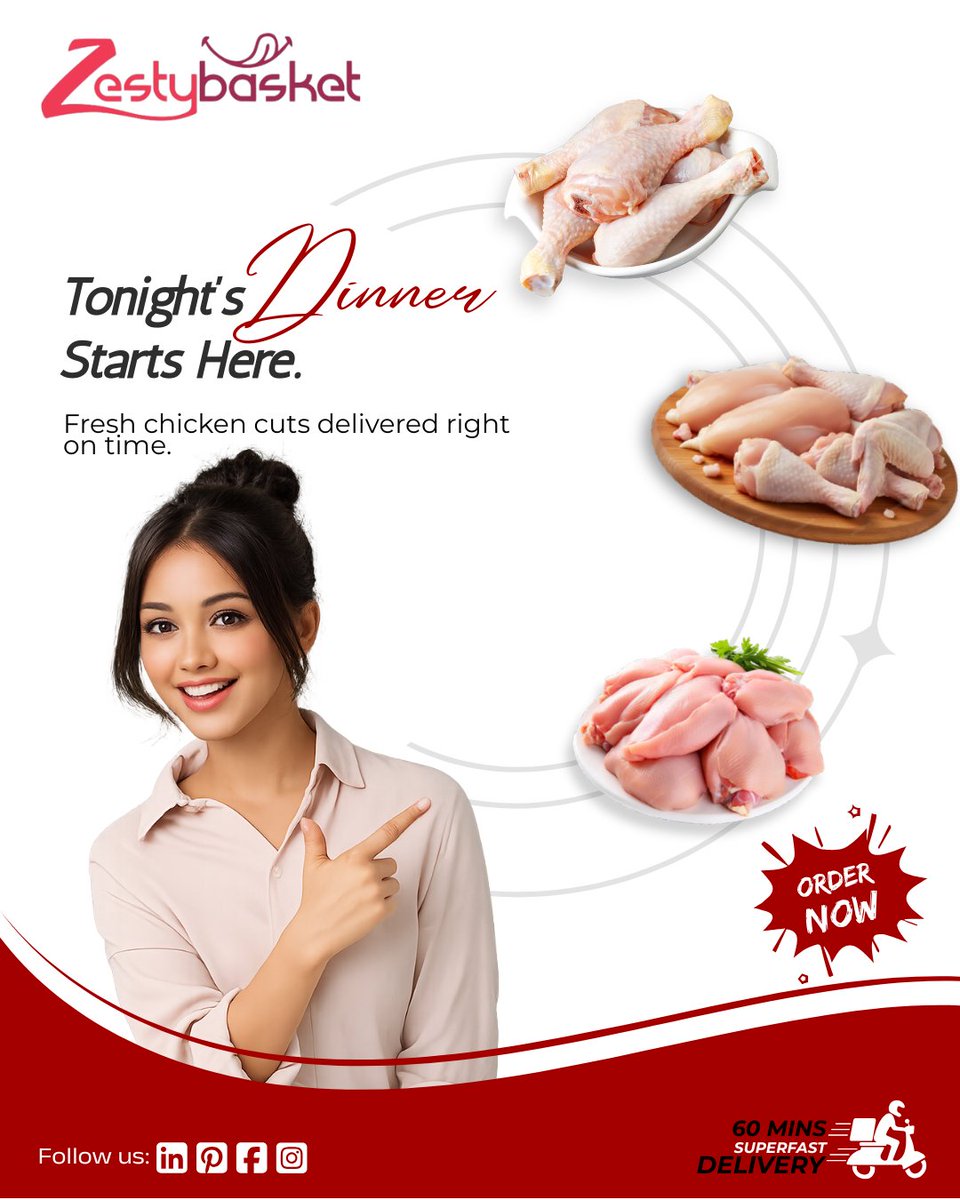 ZestyBasket25's tweet image. Fresh chicken cuts delivered to your doorstep in just 60 minutes. Order now from ZestyBasket and enjoy farm-fresh taste at home.

🌐 zestybasket.com

#ZestyBasket #FreshChicken #ChickenDelivery #FarmFresh #OrderChickenOnline #PatnaDelivery #FreshMeat #DinnerReady